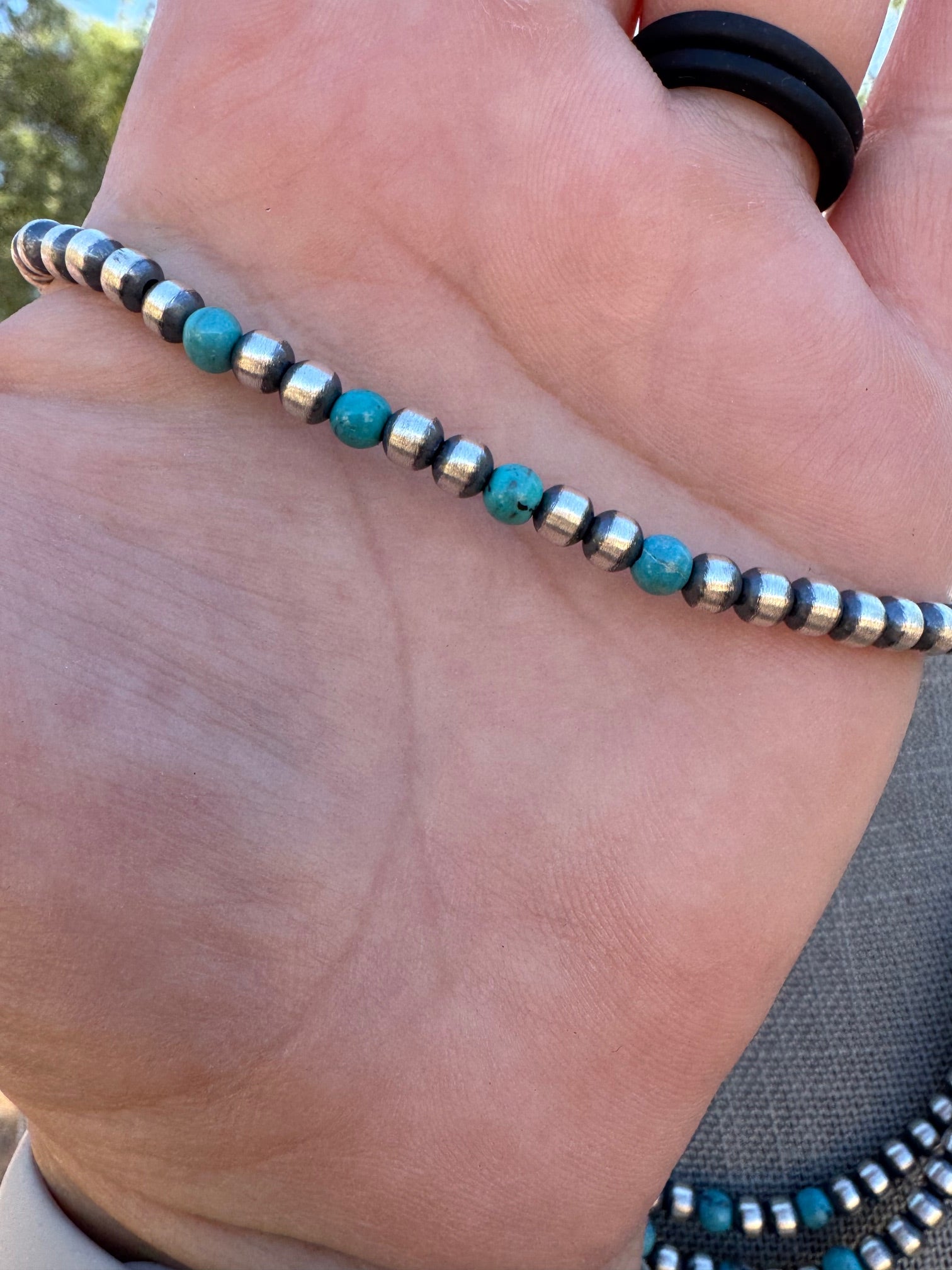 Handcrafted Turquoise & Sterling Silver Pearl 4mm Beaded Necklace 18"