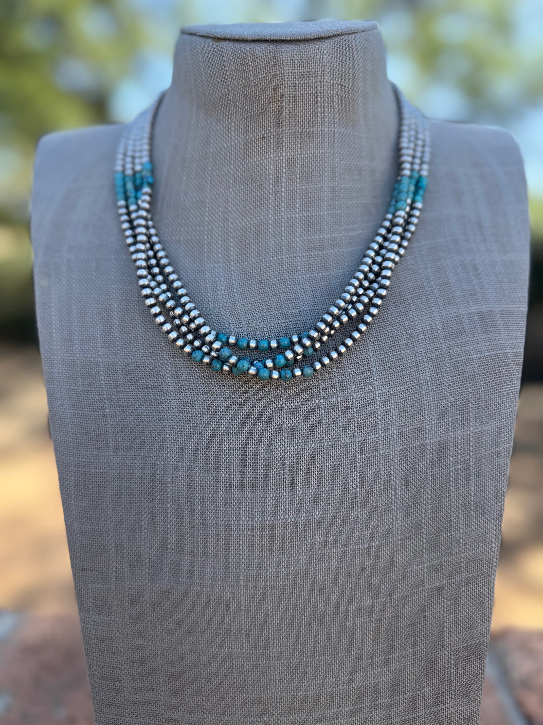 Handcrafted Turquoise & Sterling Silver Pearl 4mm Beaded Necklace 18"