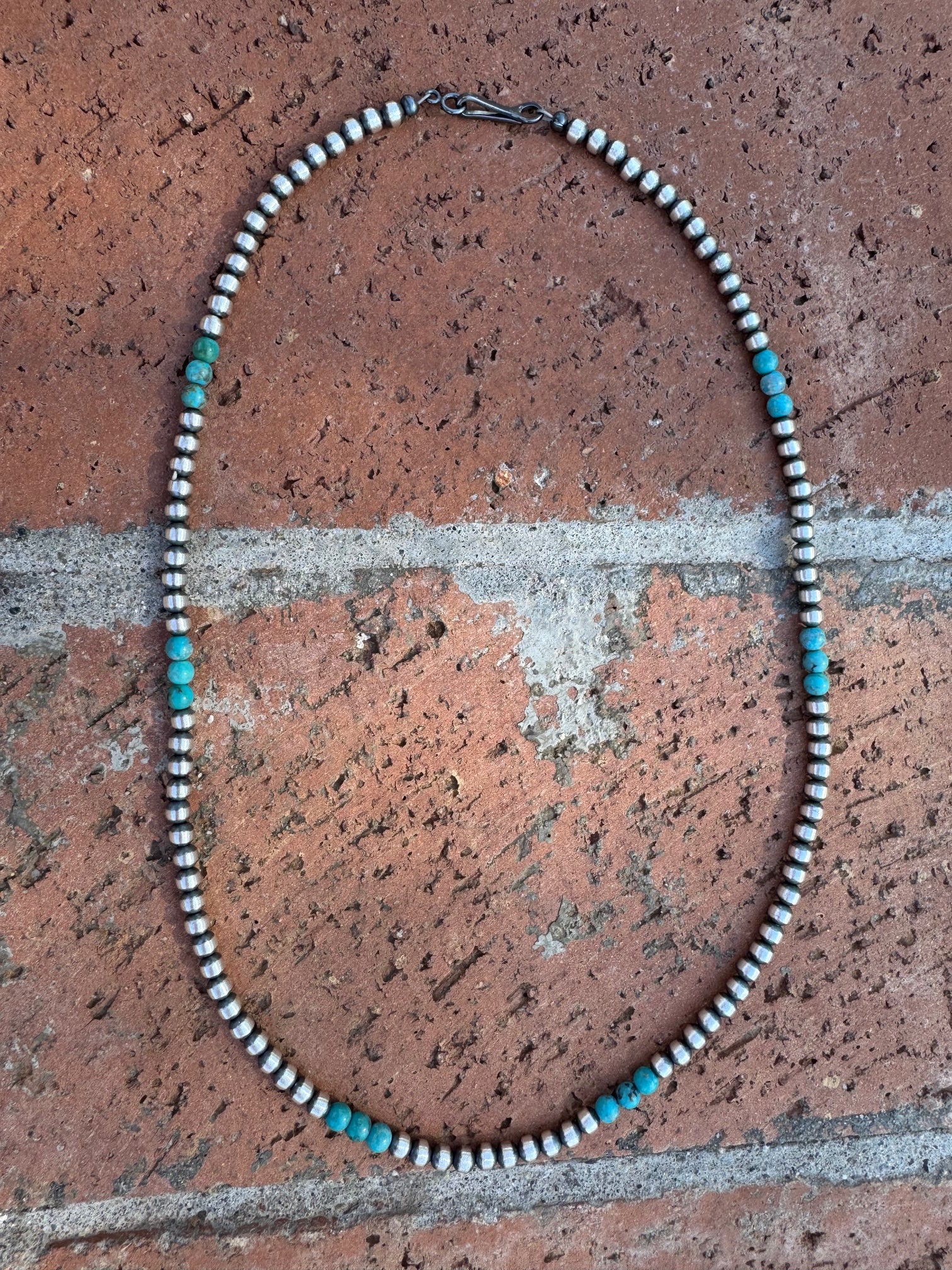 Handcrafted Turquoise & Sterling Silver Pearl 4mm Beaded Necklace 18"