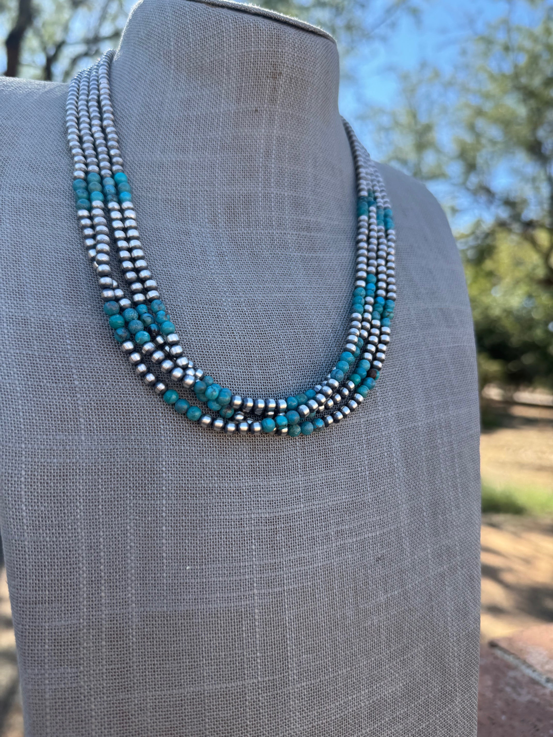 Handcrafted Turquoise & Sterling Silver Pearl 4mm Beaded Necklace 20"