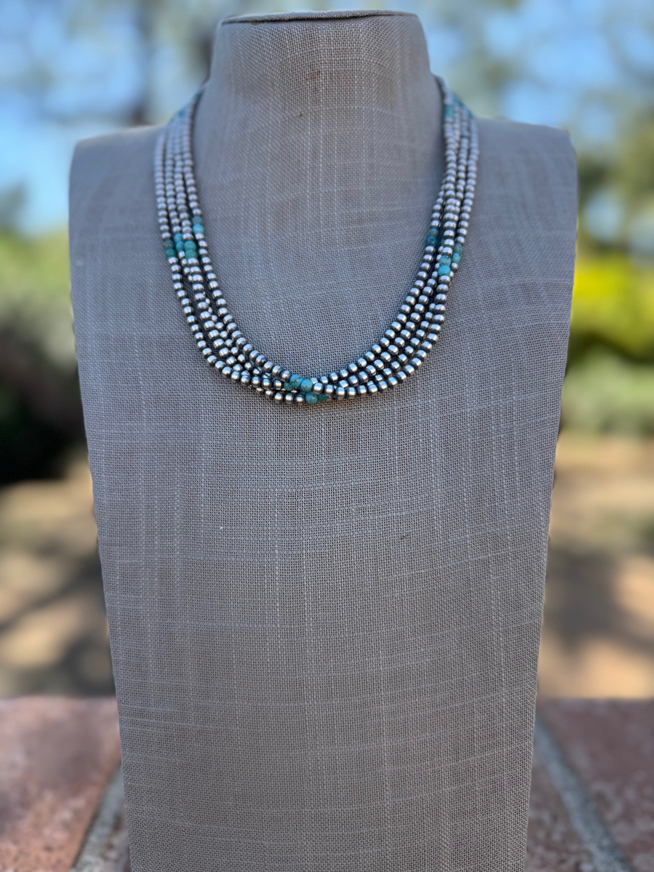 Handcrafted Turquoise & Sterling Silver Pearl 4mm Beaded Necklace 20"