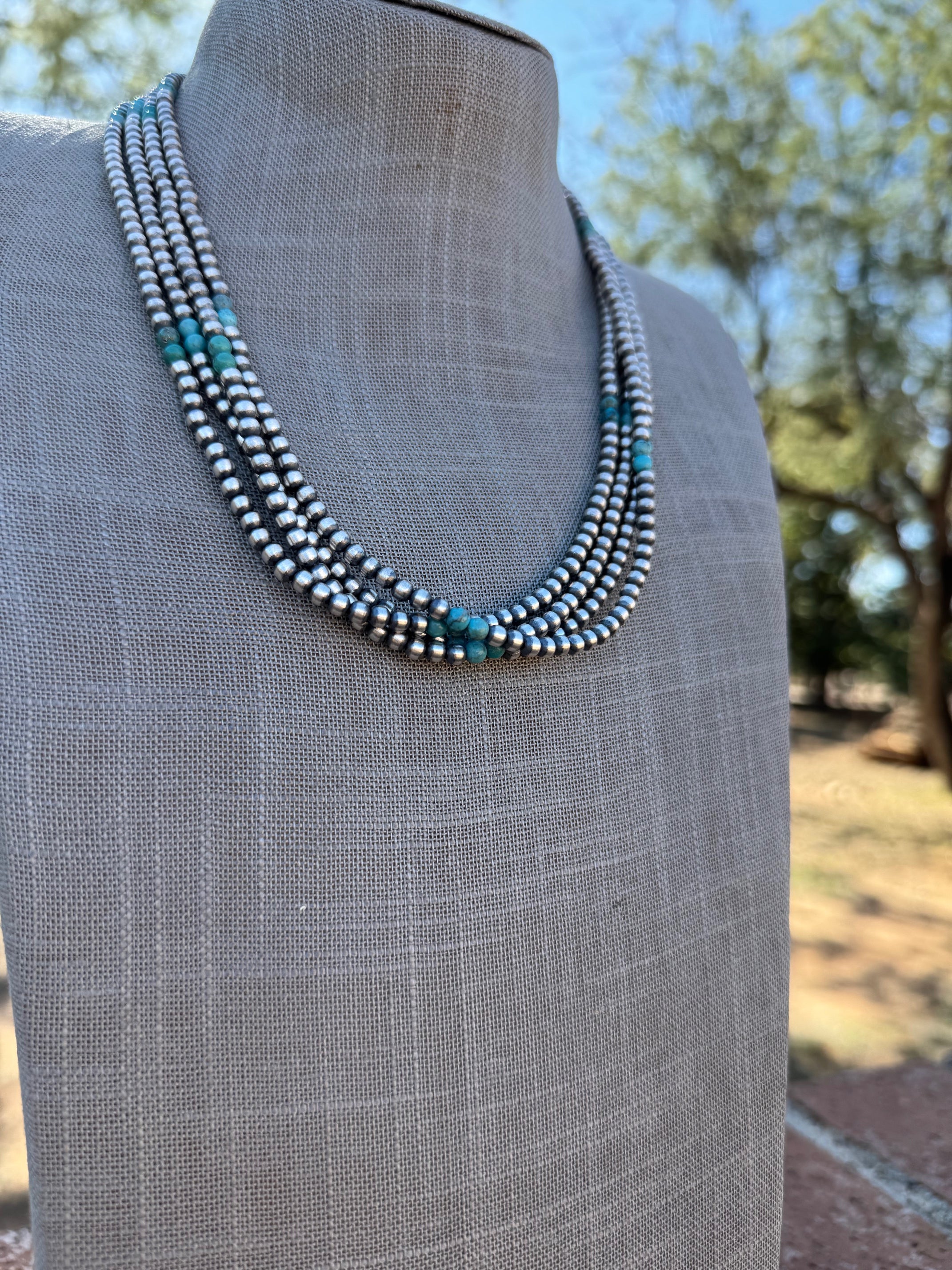 Handcrafted Turquoise & Sterling Silver Pearl 4mm Beaded Necklace 20"