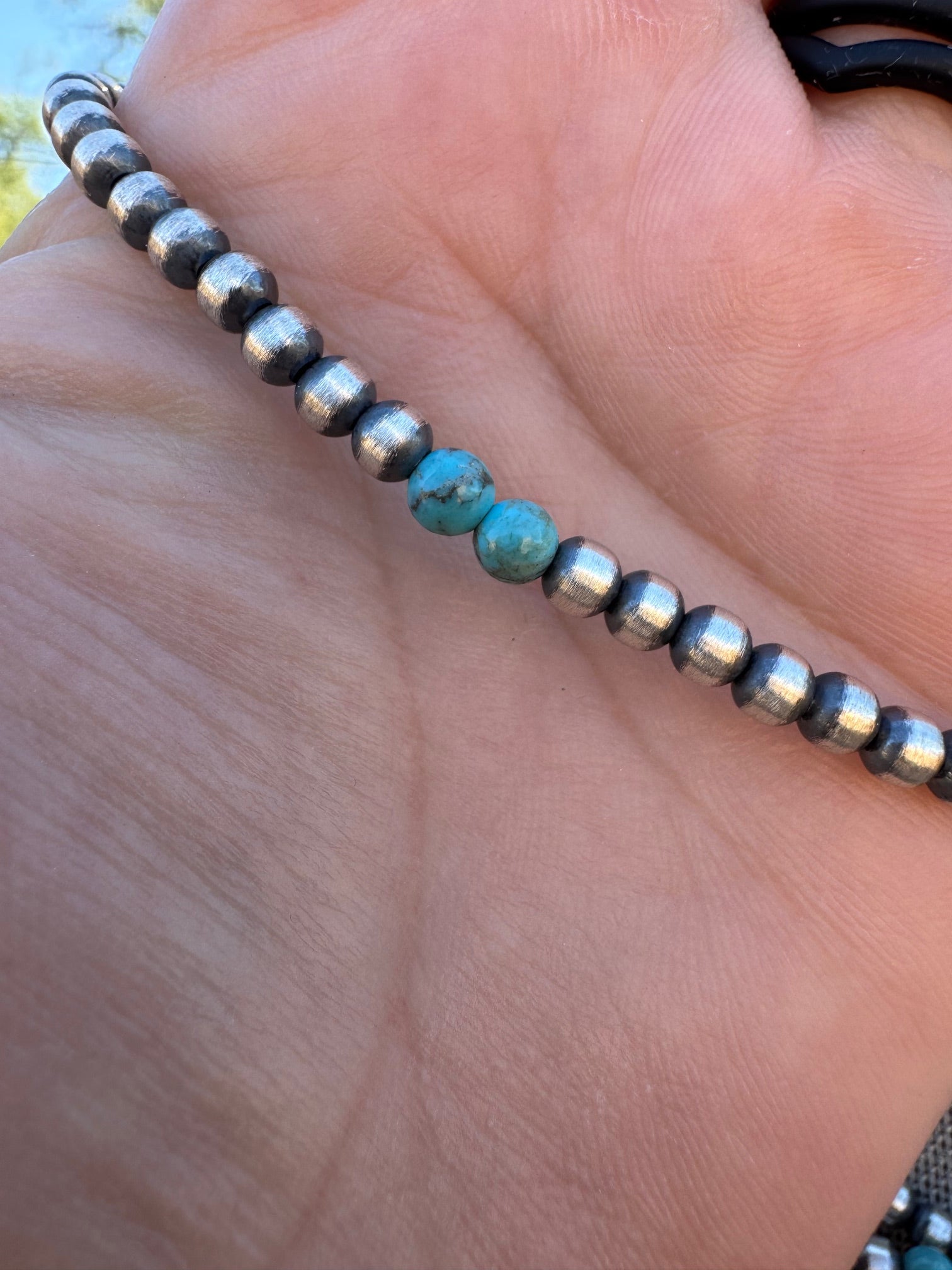 Handcrafted Turquoise & Sterling Silver Pearl 4mm Beaded Necklace 20"