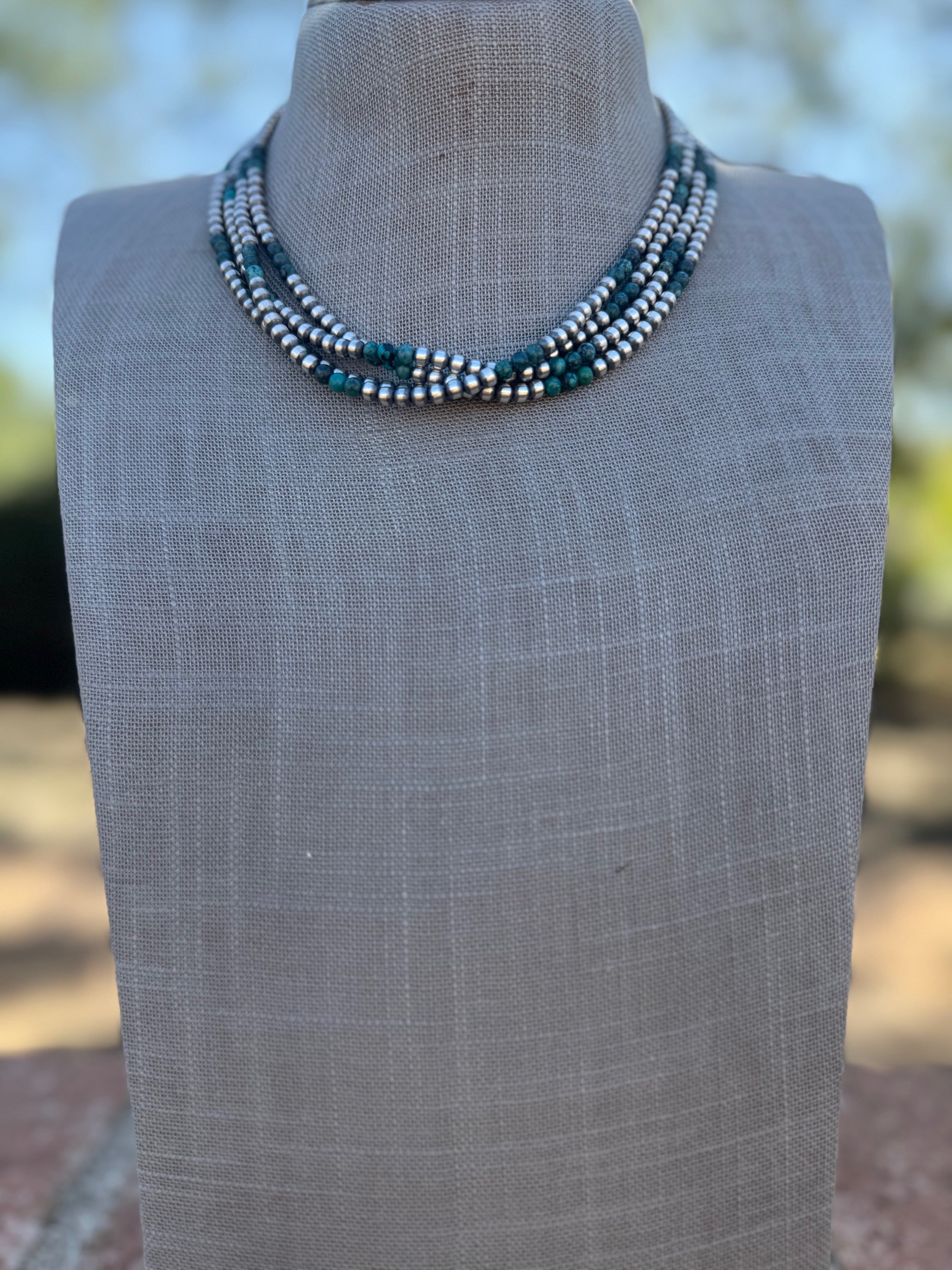 Handcrafted Hubei Turquoise & Sterling Silver Pearl 4mm Beaded Necklace 16"