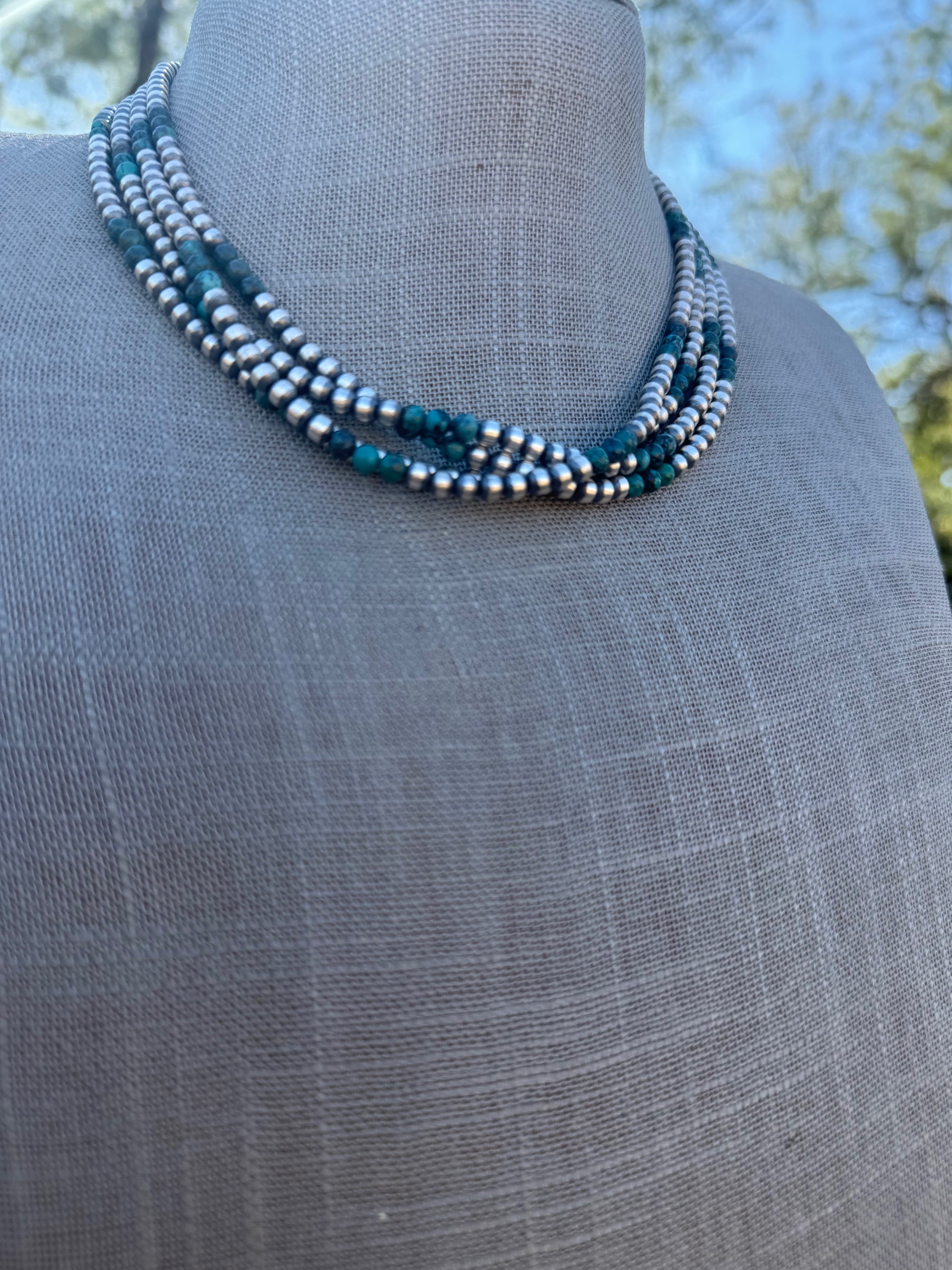 Handcrafted Hubei Turquoise & Sterling Silver Pearl 4mm Beaded Necklace 16"