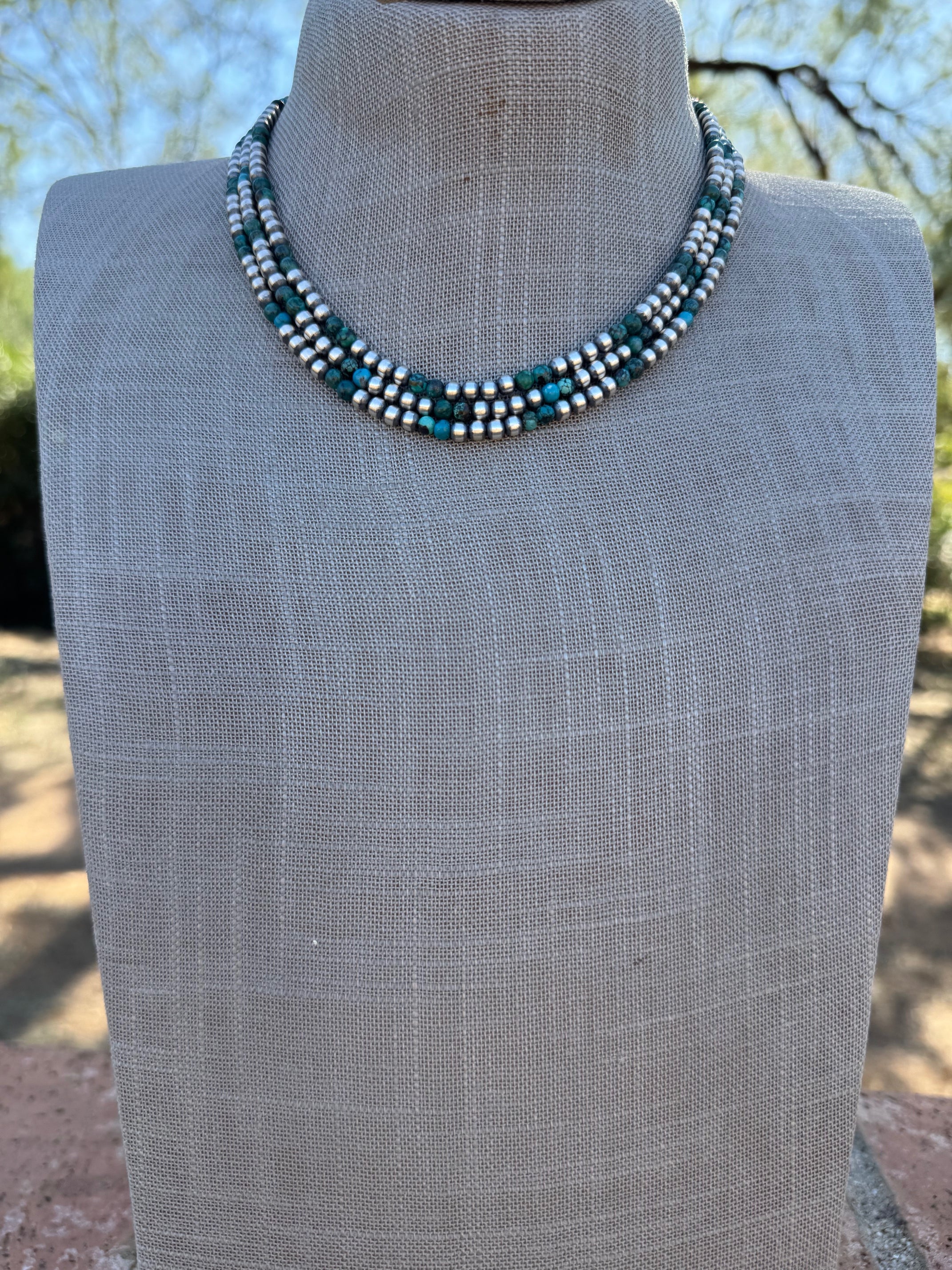 Handcrafted Hubei Turquoise & Sterling Silver Pearl 4mm Beaded Necklace 16"