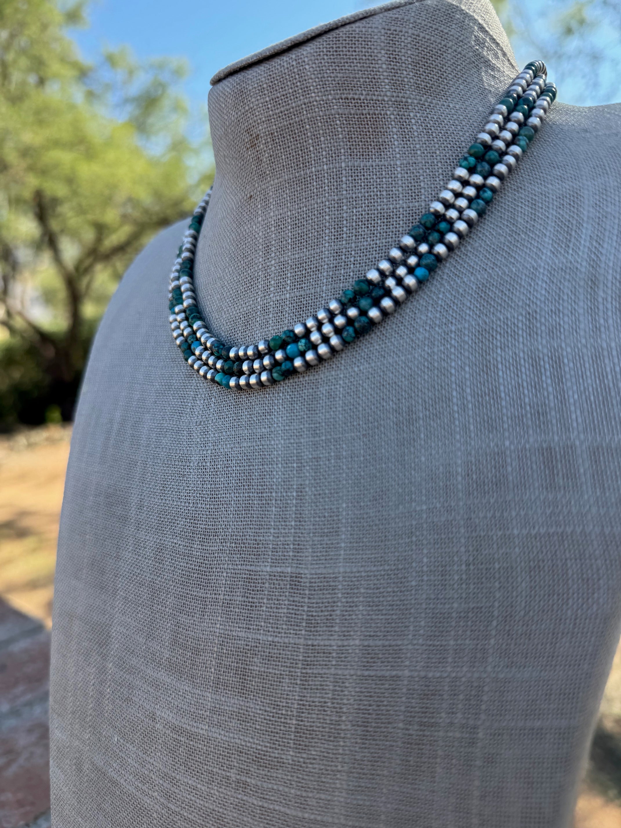 Handcrafted Hubei Turquoise & Sterling Silver Pearl 4mm Beaded Necklace 16"