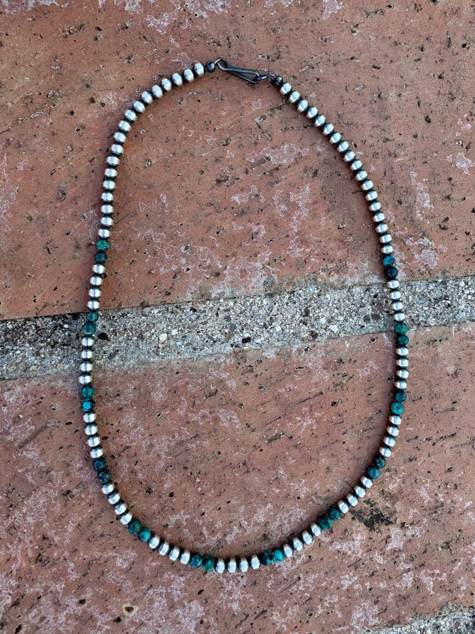 Handcrafted Hubei Turquoise & Sterling Silver Pearl 4mm Beaded Necklace 16"