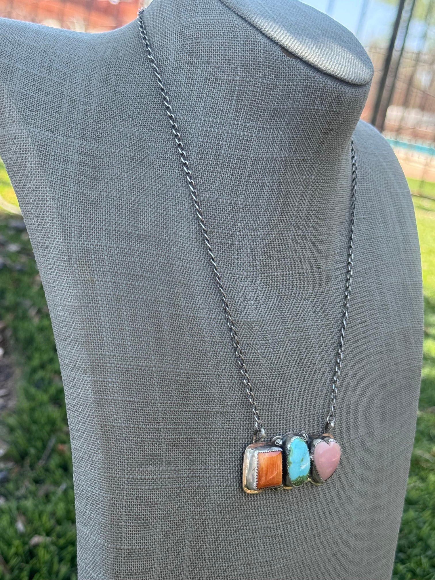 Handmade Sterling Silver Sonoran, Pink Conch, & Spiny Bar 19.5" Necklace by Roaming Buffalo