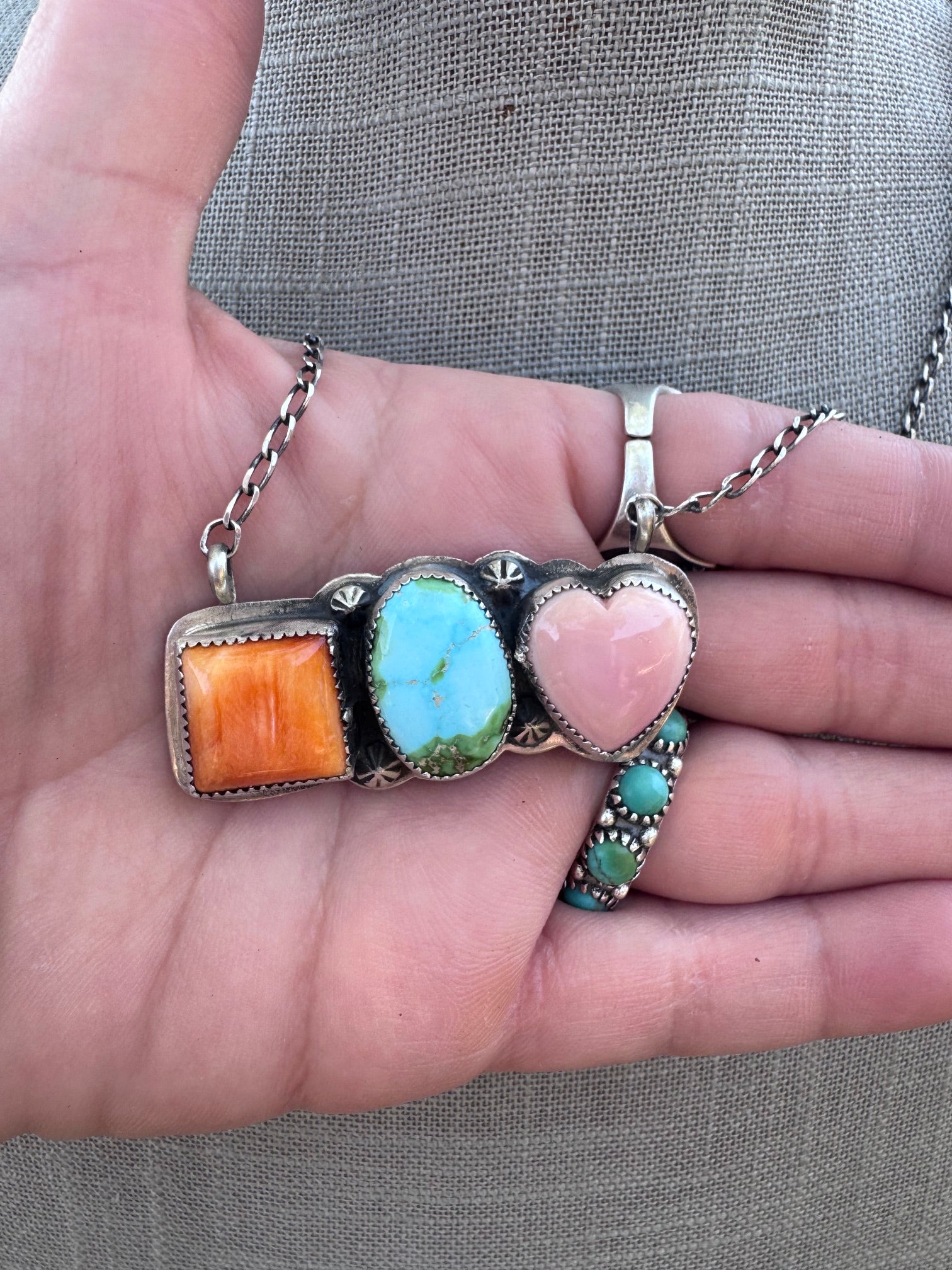 Handmade Sterling Silver Sonoran, Pink Conch, & Spiny Bar 19.5" Necklace by Roaming Buffalo