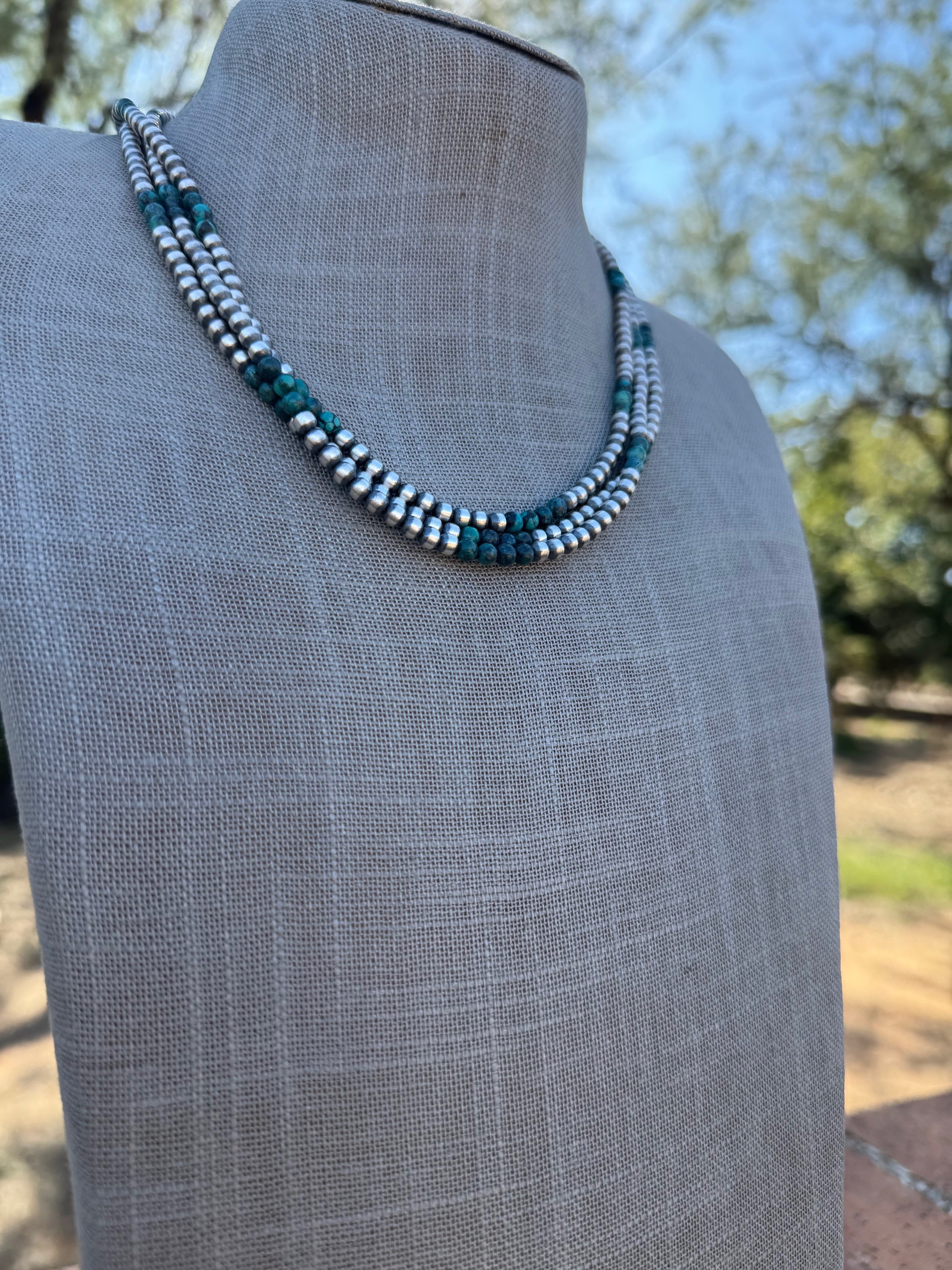 Handcrafted Hubei Turquoise & Sterling Silver Pearl 4mm Beaded Necklace 18"