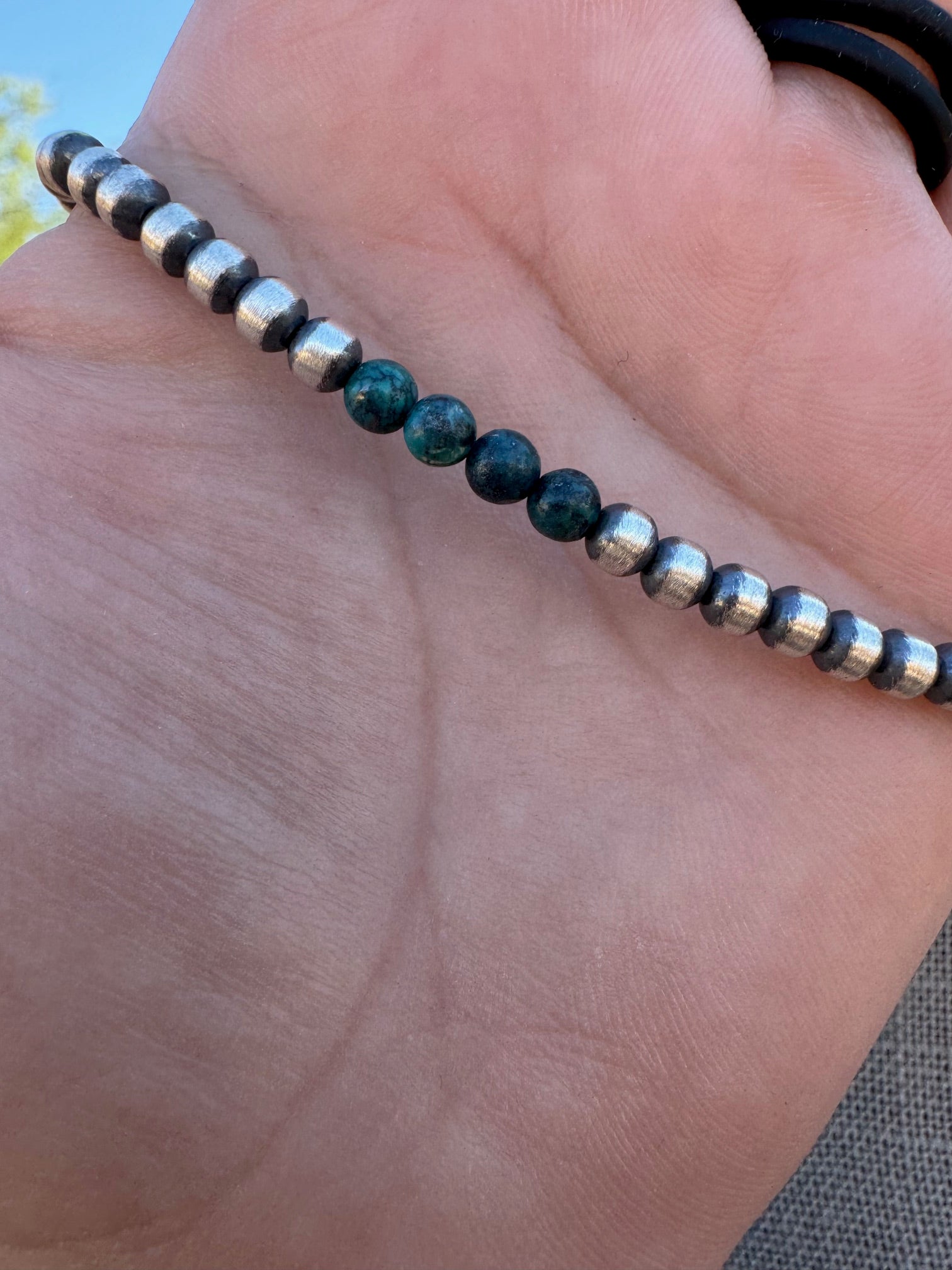 Handcrafted Hubei Turquoise & Sterling Silver Pearl 4mm Beaded Necklace 18"