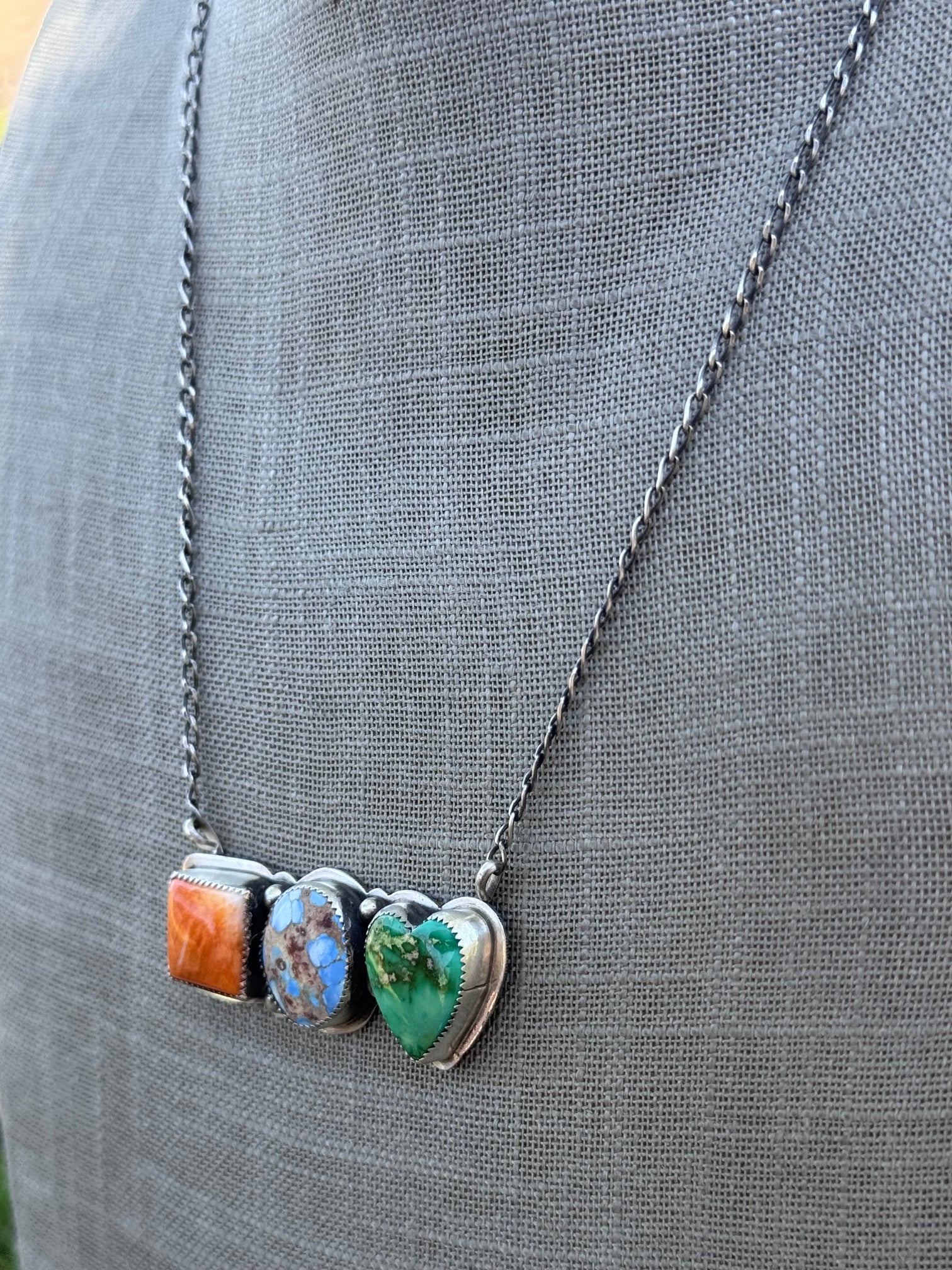 Handmade Sterling Silver Golden Hills, Sonoran Green & Orange Spiny Bar 19.75" Necklace by Roaming Buffalo