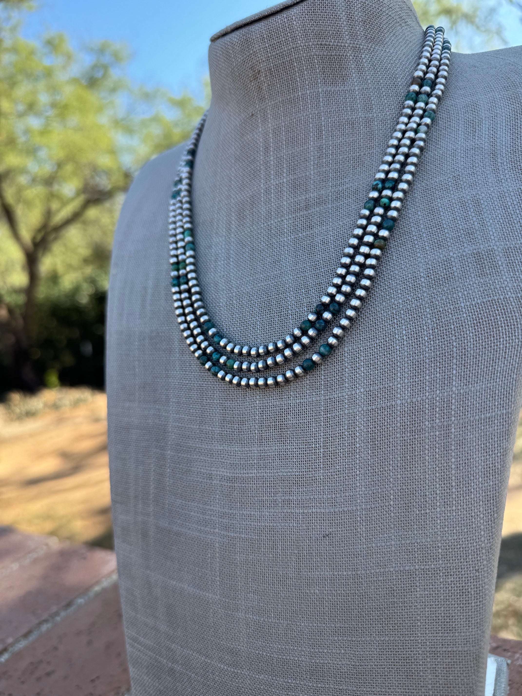 Handcrafted Hubei Turquoise & Sterling Silver Pearl 4mm Beaded Necklace 20"