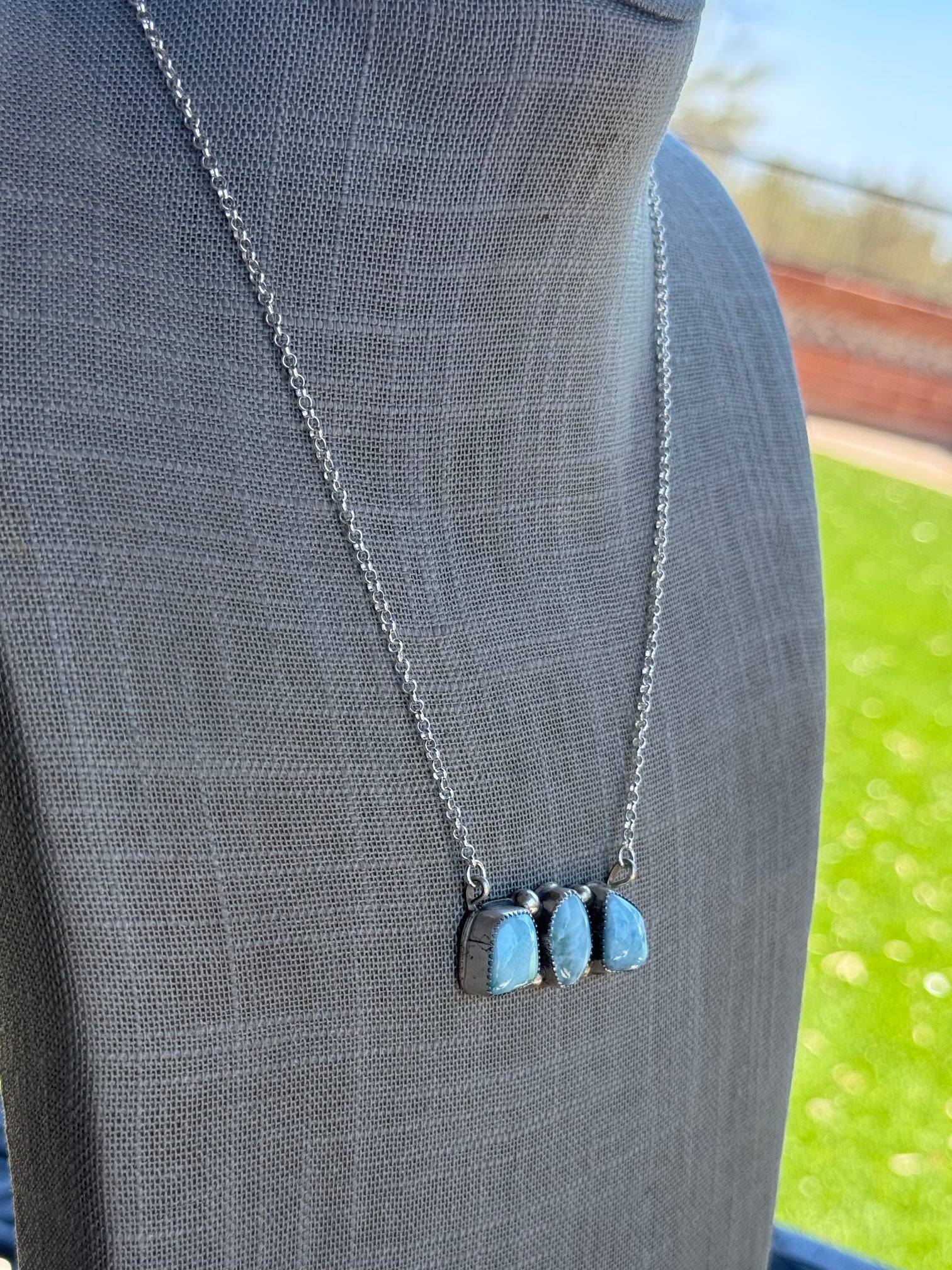 Handmade Sterling Silver Larimar Turquoise Bar 19" Necklace by Roaming Buffalo