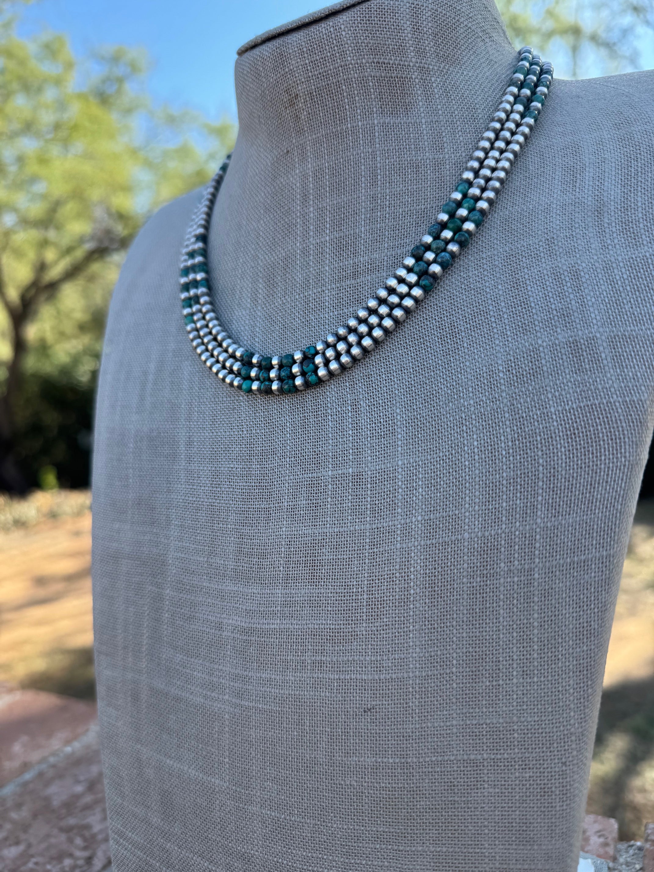 Handcrafted Hubei Turquoise & Sterling Silver Pearl 4mm Beaded Necklace 18"