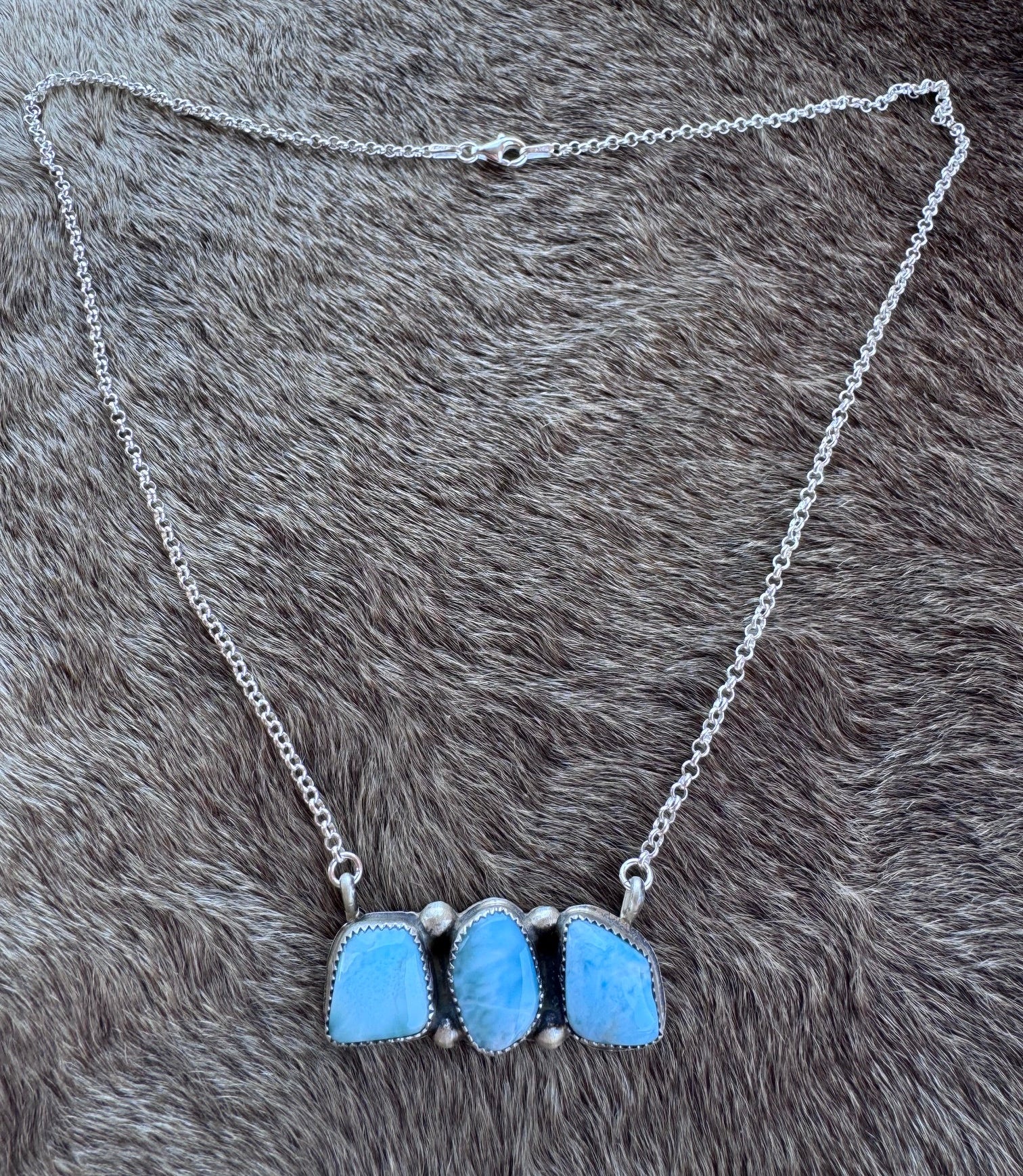 Handmade Sterling Silver Larimar Turquoise Bar 19" Necklace by Roaming Buffalo
