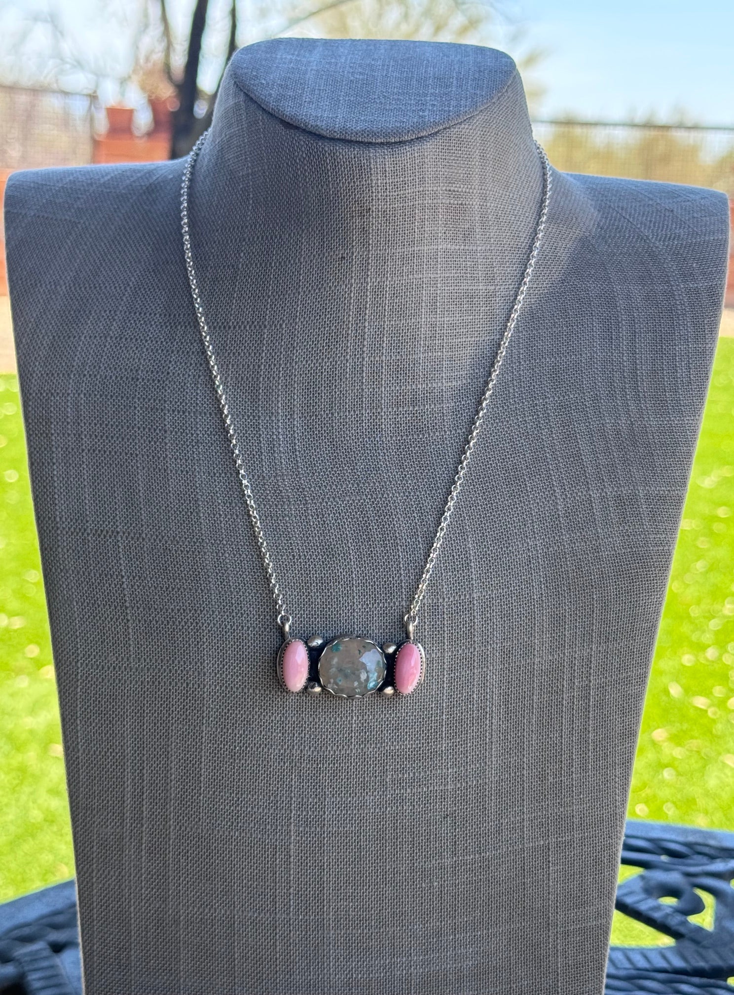 Handmade Sterling Silver Confetti Chrysocolla & Pink Conch Bar 19.5" Necklace by Roaming Buffalo