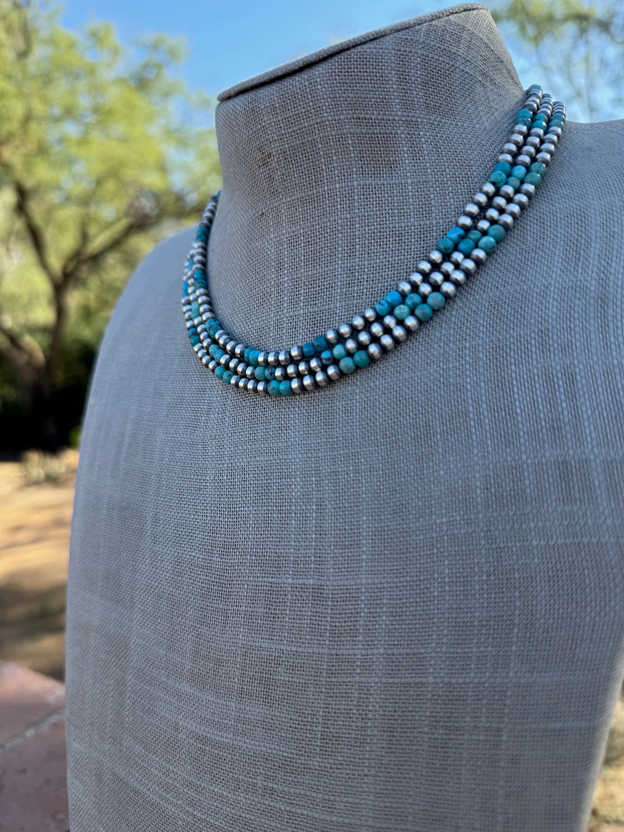 Handcrafted Turquoise & Sterling Silver Pearl 4mm Beaded Necklace 16"