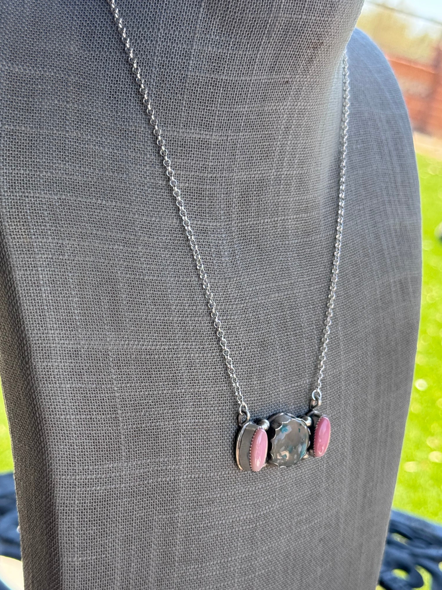 Handmade Sterling Silver Confetti Chrysocolla & Pink Conch Bar 19.5" Necklace by Roaming Buffalo