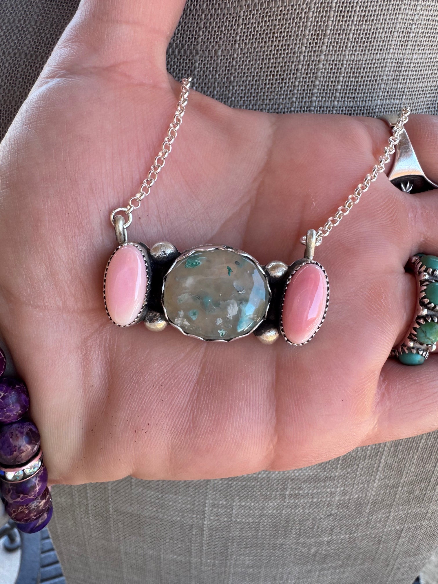 Handmade Sterling Silver Confetti Chrysocolla & Pink Conch Bar 19.5" Necklace by Roaming Buffalo