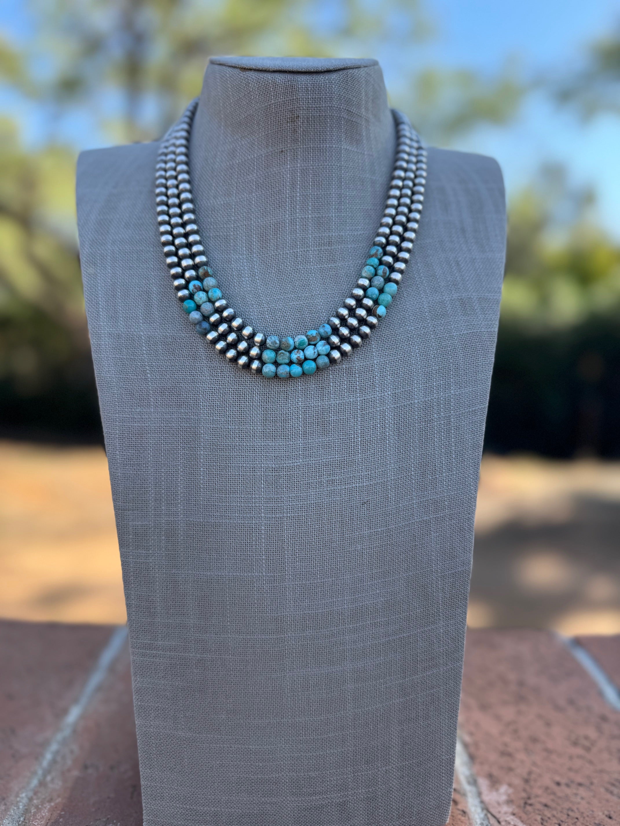 Handcrafted Kingman Turquoise & Sterling Silver Pearl 6mm Beaded Necklace 20"