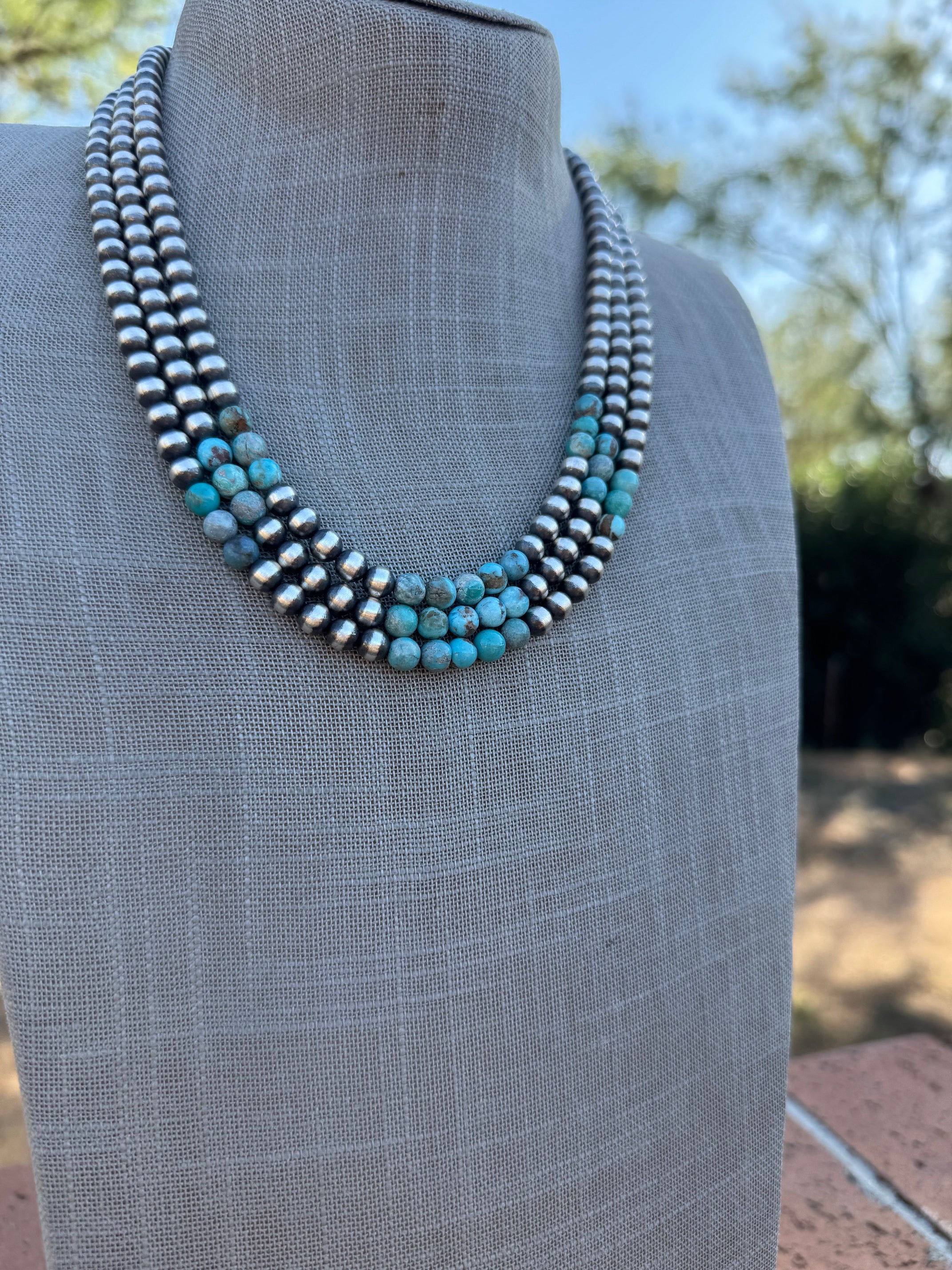 Handcrafted Kingman Turquoise & Sterling Silver Pearl 6mm Beaded Necklace 20"