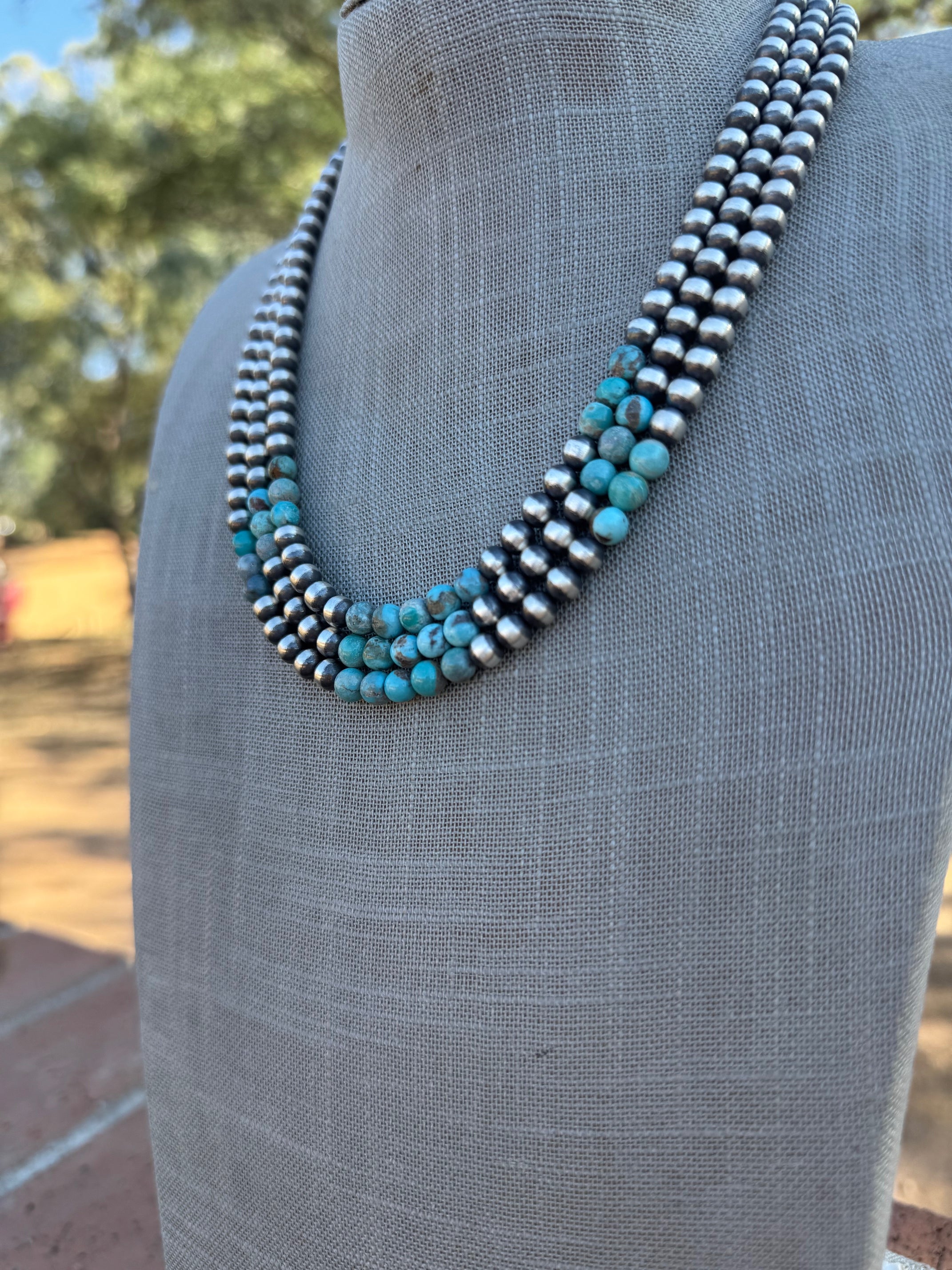 Handcrafted Kingman Turquoise & Sterling Silver Pearl 6mm Beaded Necklace 20"