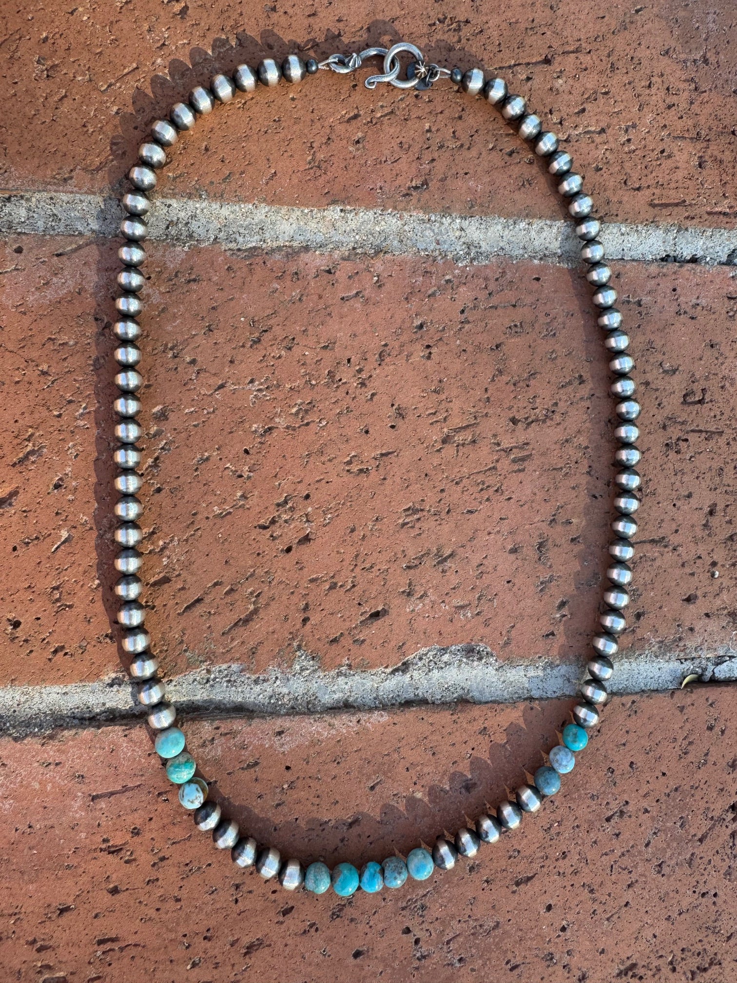 Handcrafted Kingman Turquoise & Sterling Silver Pearl 6mm Beaded Necklace 20"