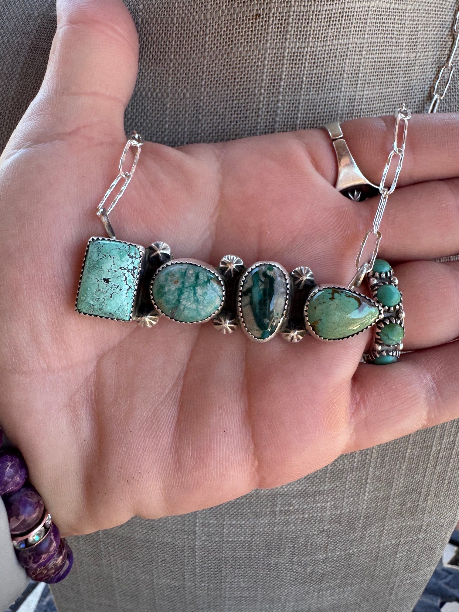 Handmade Sterling Silver Fox & Mix Turquoise Bar 19.5" Necklace by Roaming Buffalo