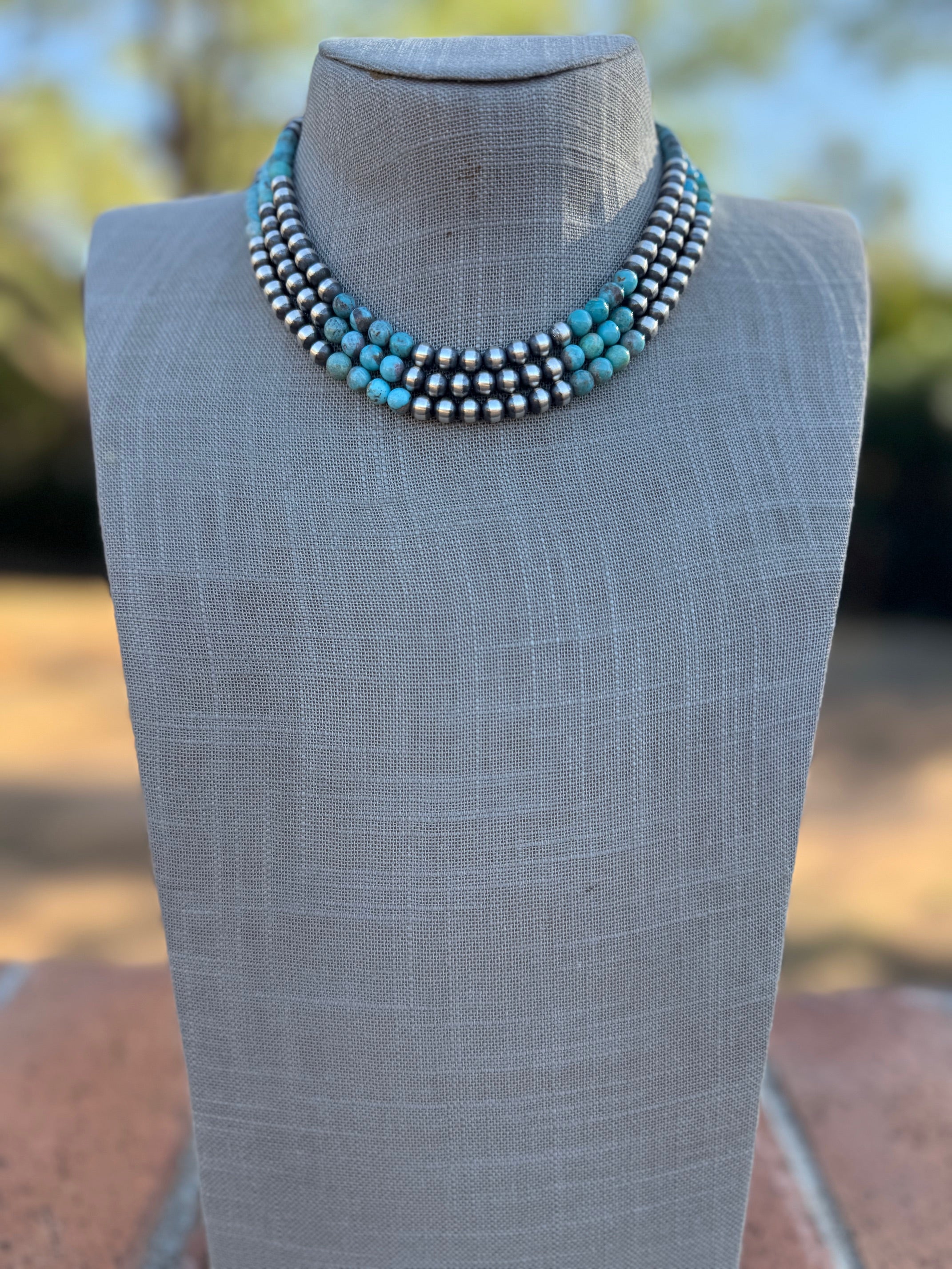 Handcrafted Kingman Turquoise & Sterling Silver Pearl 6mm Beaded Necklace 16"