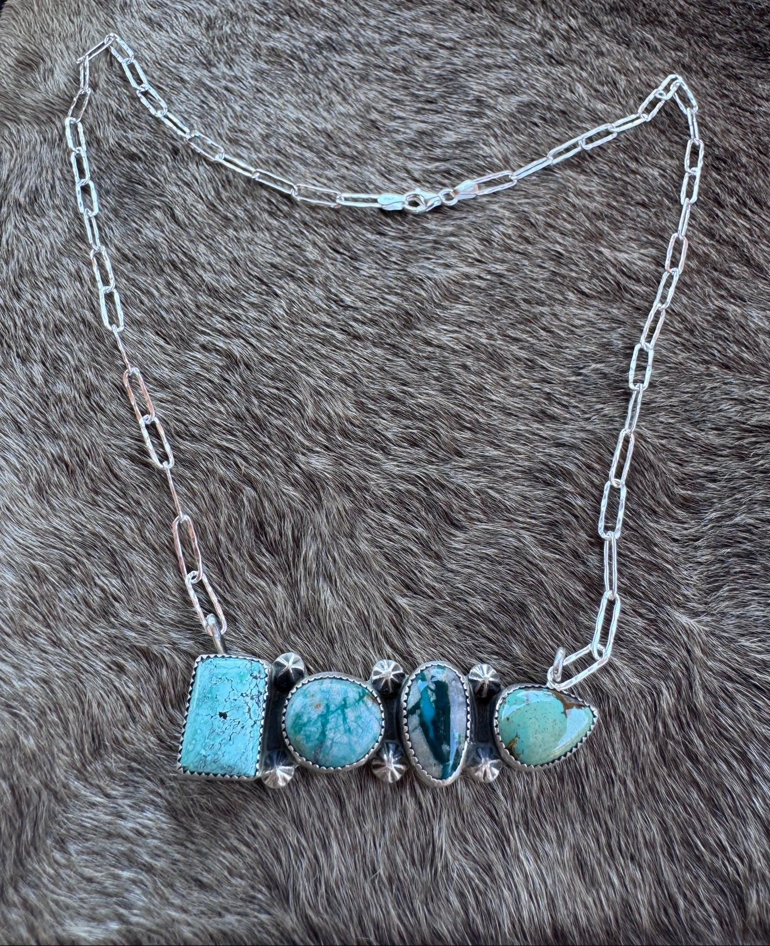 Handmade Sterling Silver Fox & Mix Turquoise Bar 19.5" Necklace by Roaming Buffalo