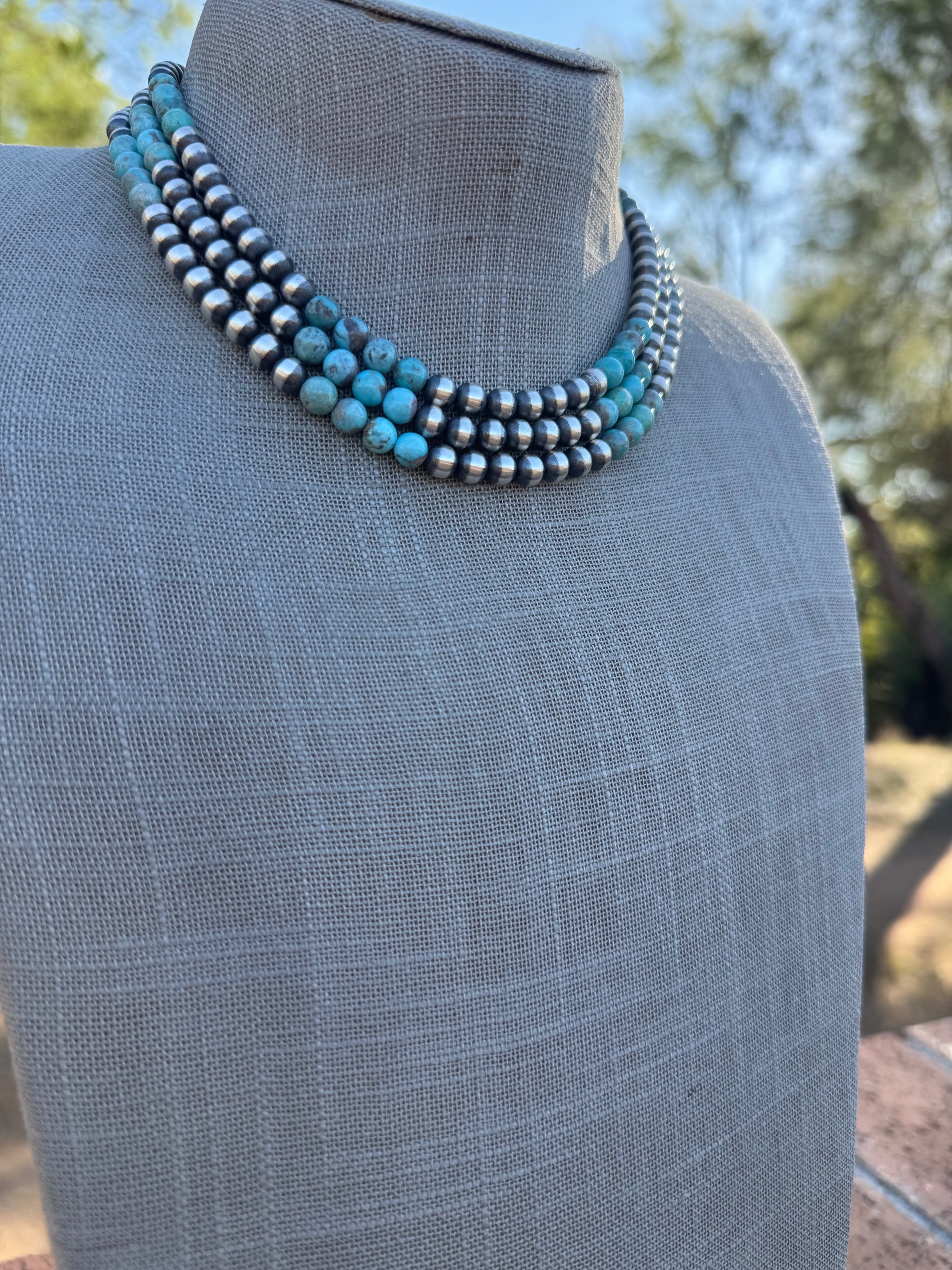 Handcrafted Kingman Turquoise & Sterling Silver Pearl 6mm Beaded Necklace 16"