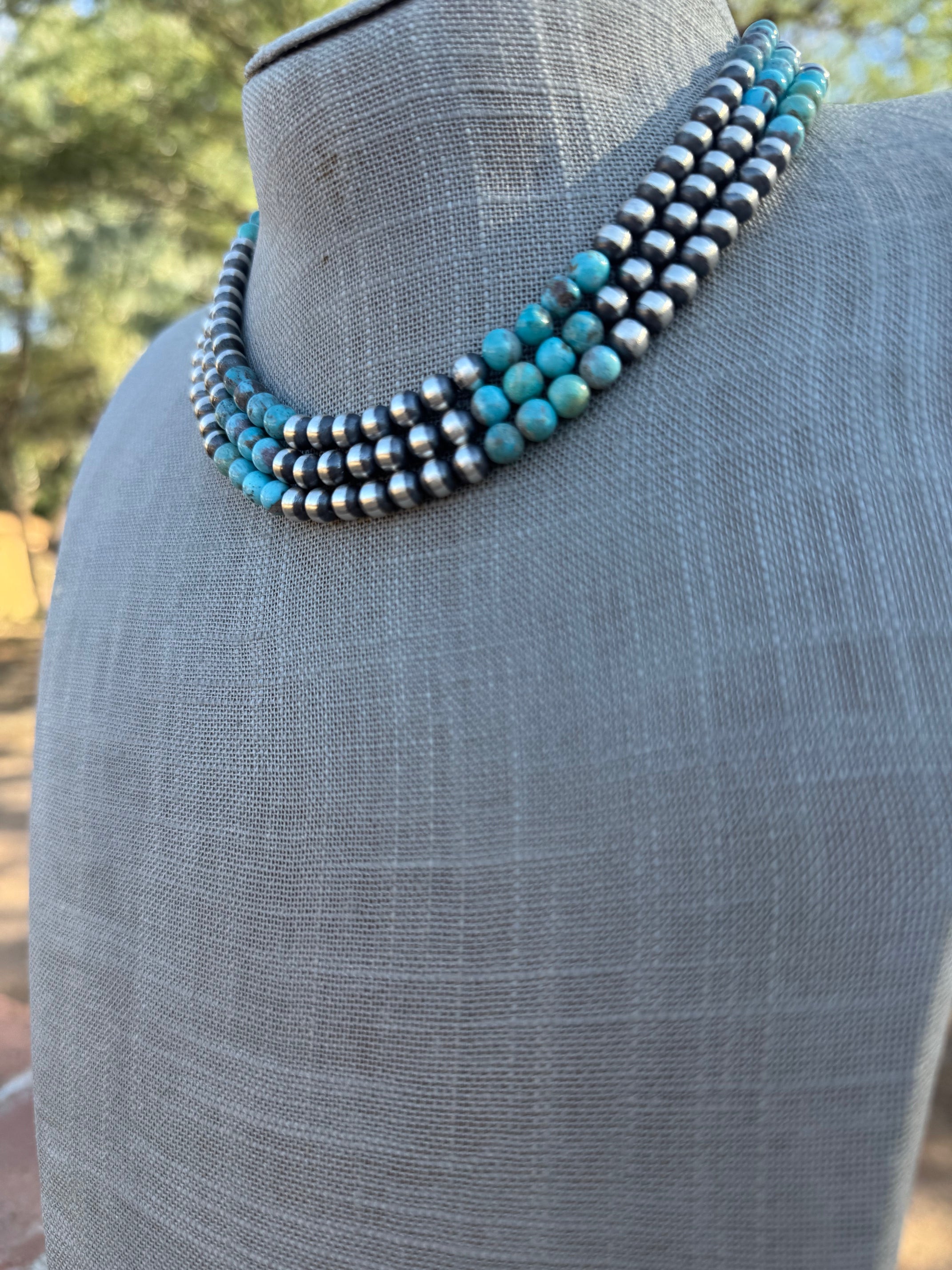 Handcrafted Kingman Turquoise & Sterling Silver Pearl 6mm Beaded Necklace 16"