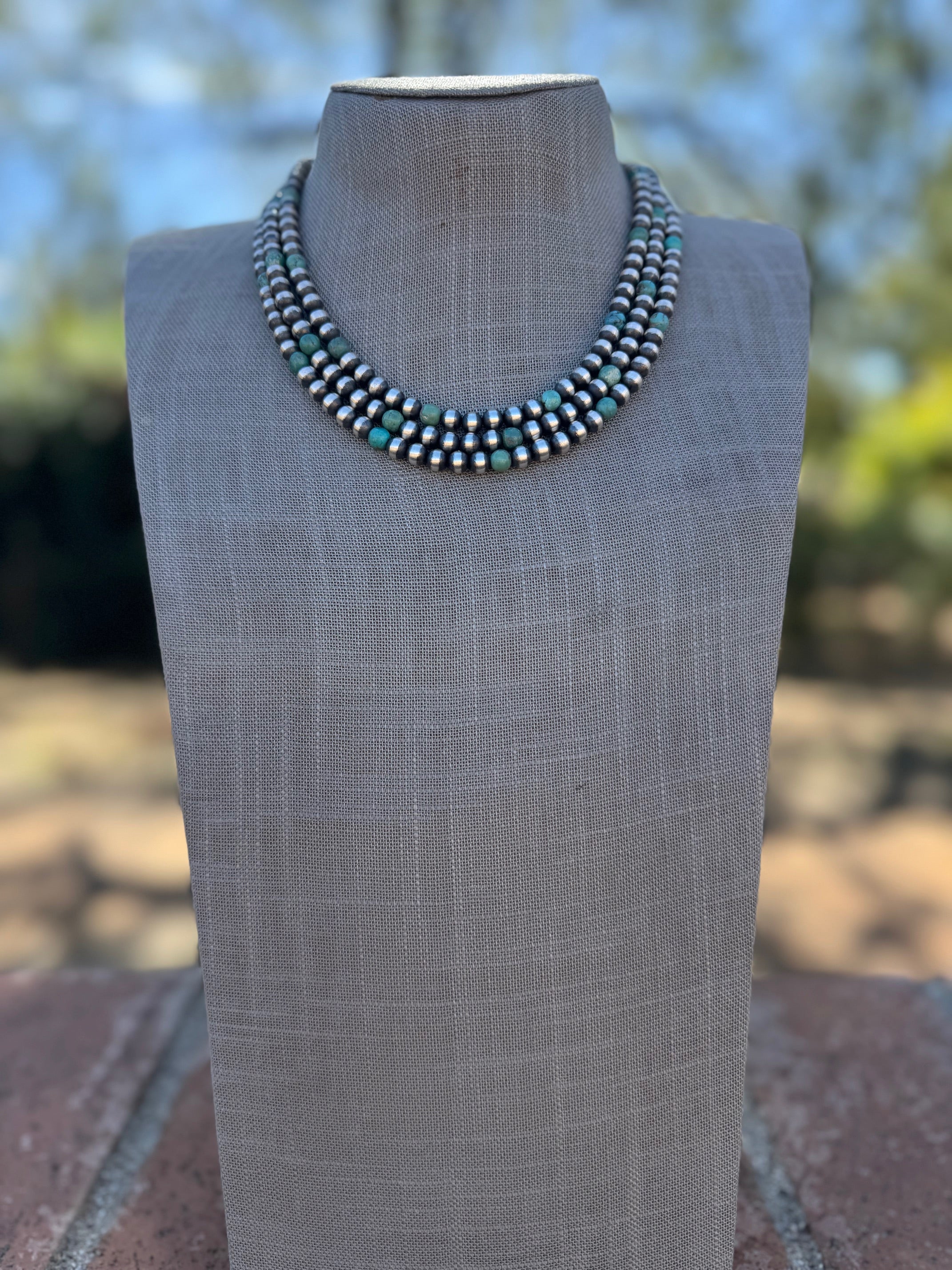 Handcrafted Kingman Turquoise & Sterling Silver Pearl 6mm Beaded Necklace 18"