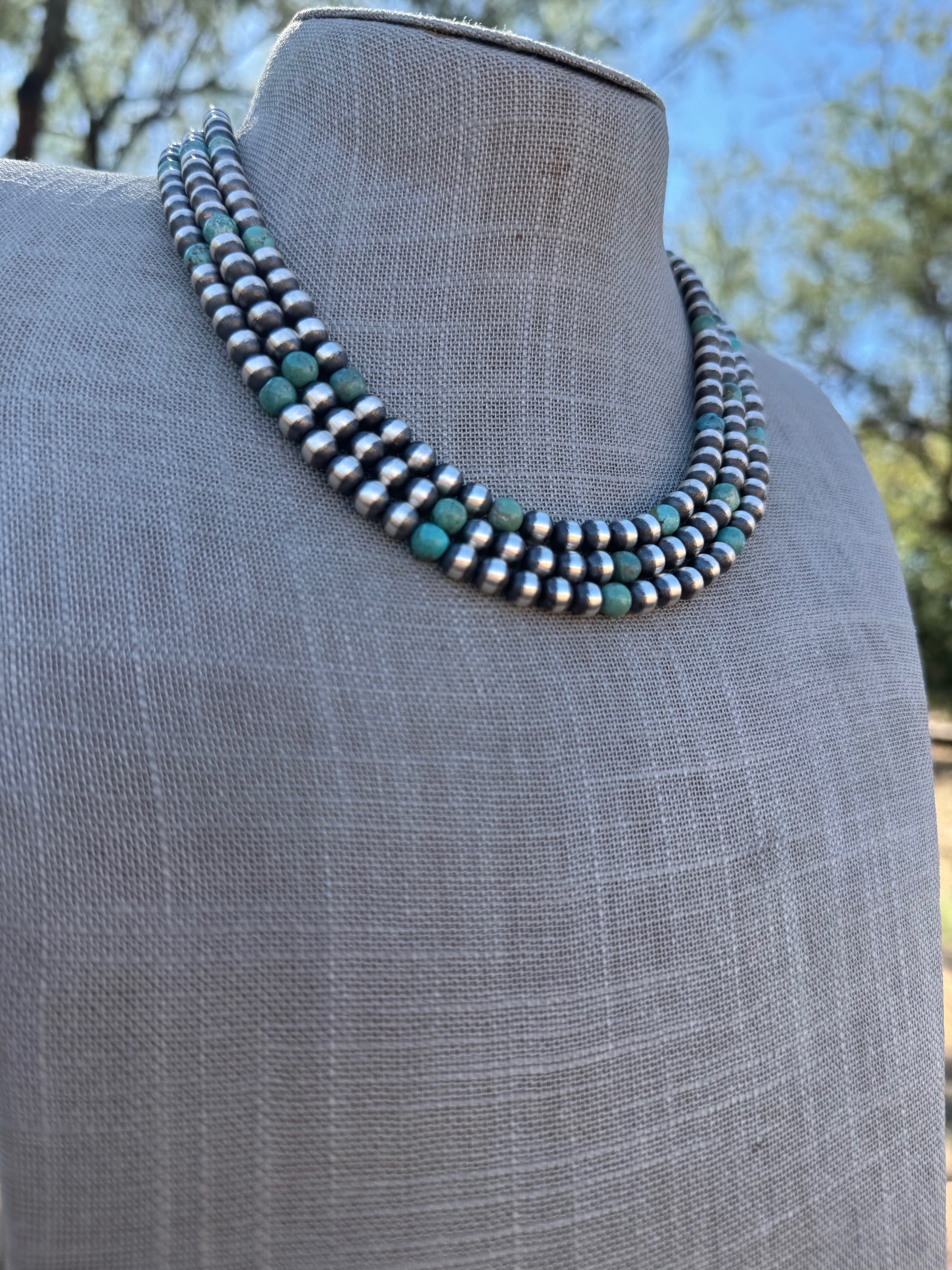 Handcrafted Kingman Turquoise & Sterling Silver Pearl 6mm Beaded Necklace 18"