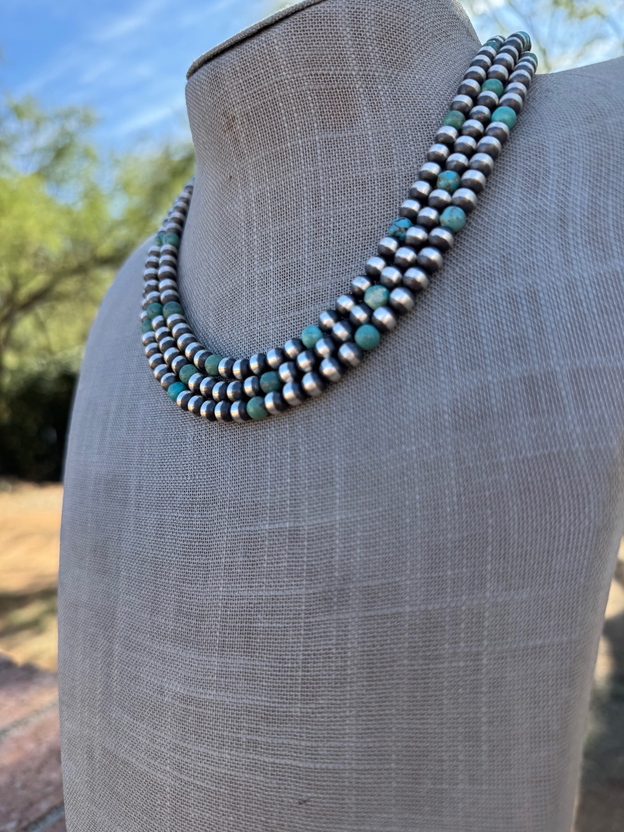 Handcrafted Kingman Turquoise & Sterling Silver Pearl 6mm Beaded Necklace 18"