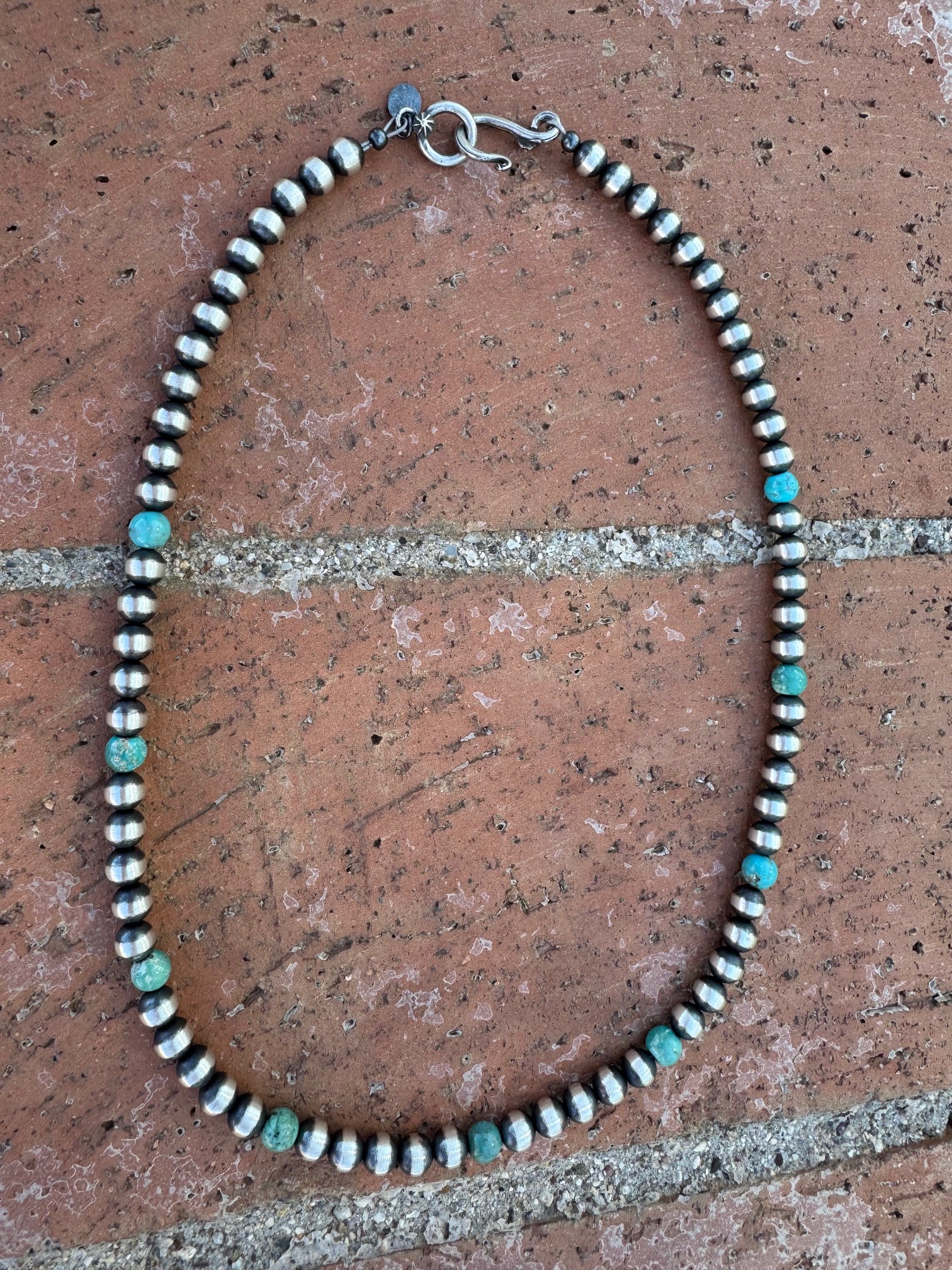 Handcrafted Kingman Turquoise & Sterling Silver Pearl 6mm Beaded Necklace 18"