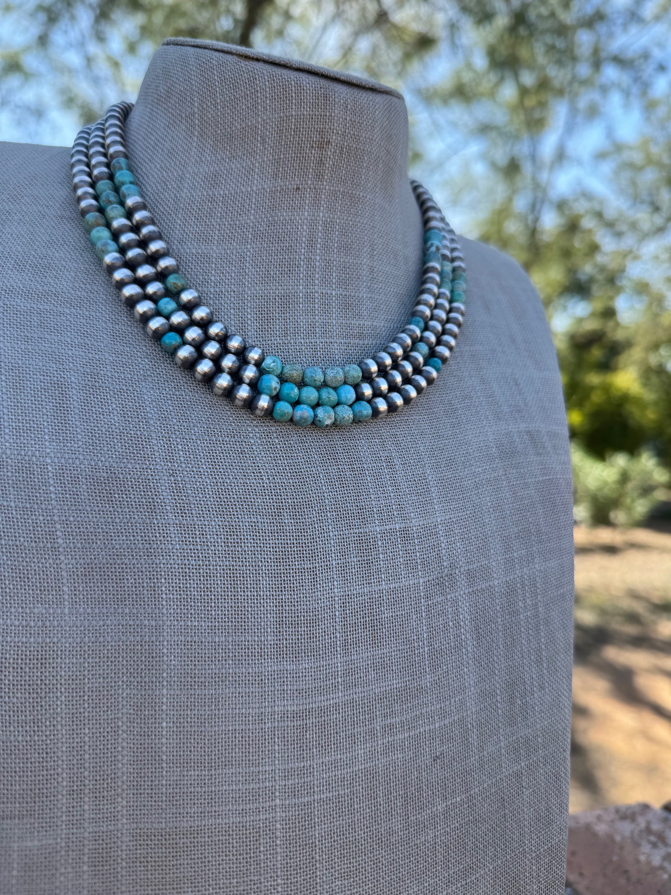 Handcrafted Kingman Turquoise & Sterling Silver Pearl 6mm Beaded Necklace 18"