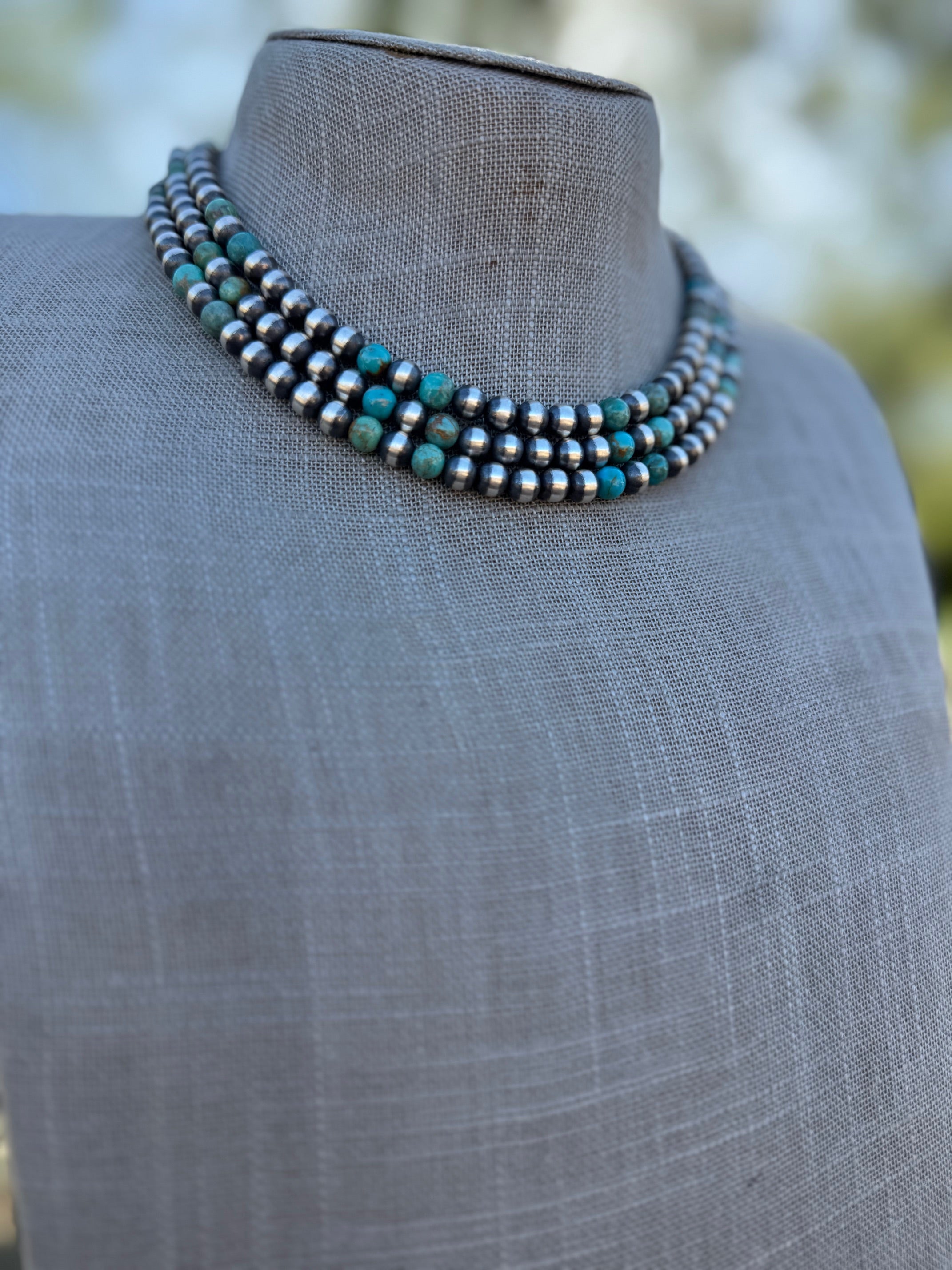 Handcrafted Kingman Turquoise & Sterling Silver Pearl 6mm Beaded Necklace 16"