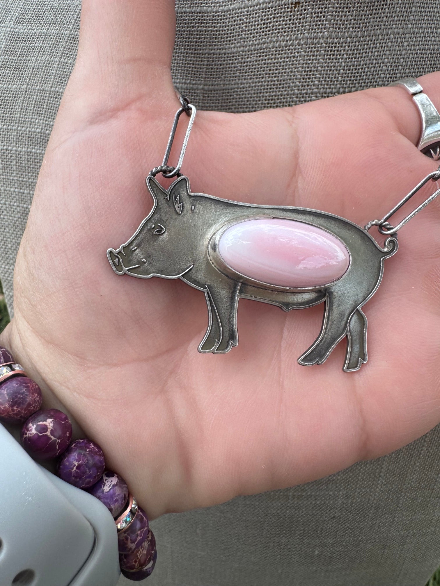 Handmade Sterling Silver & Pink Conch Large Pig 19.5" Necklace by Roaming Buffalo