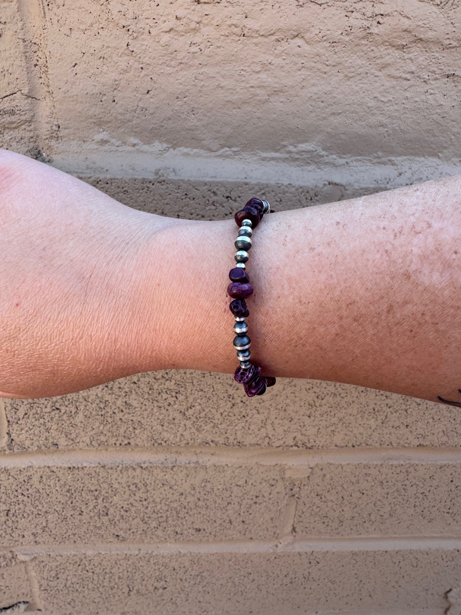 Handcrafted Purple Spiny & Sterling Silver Pearl 3-5mm Beaded Bracelet 7"