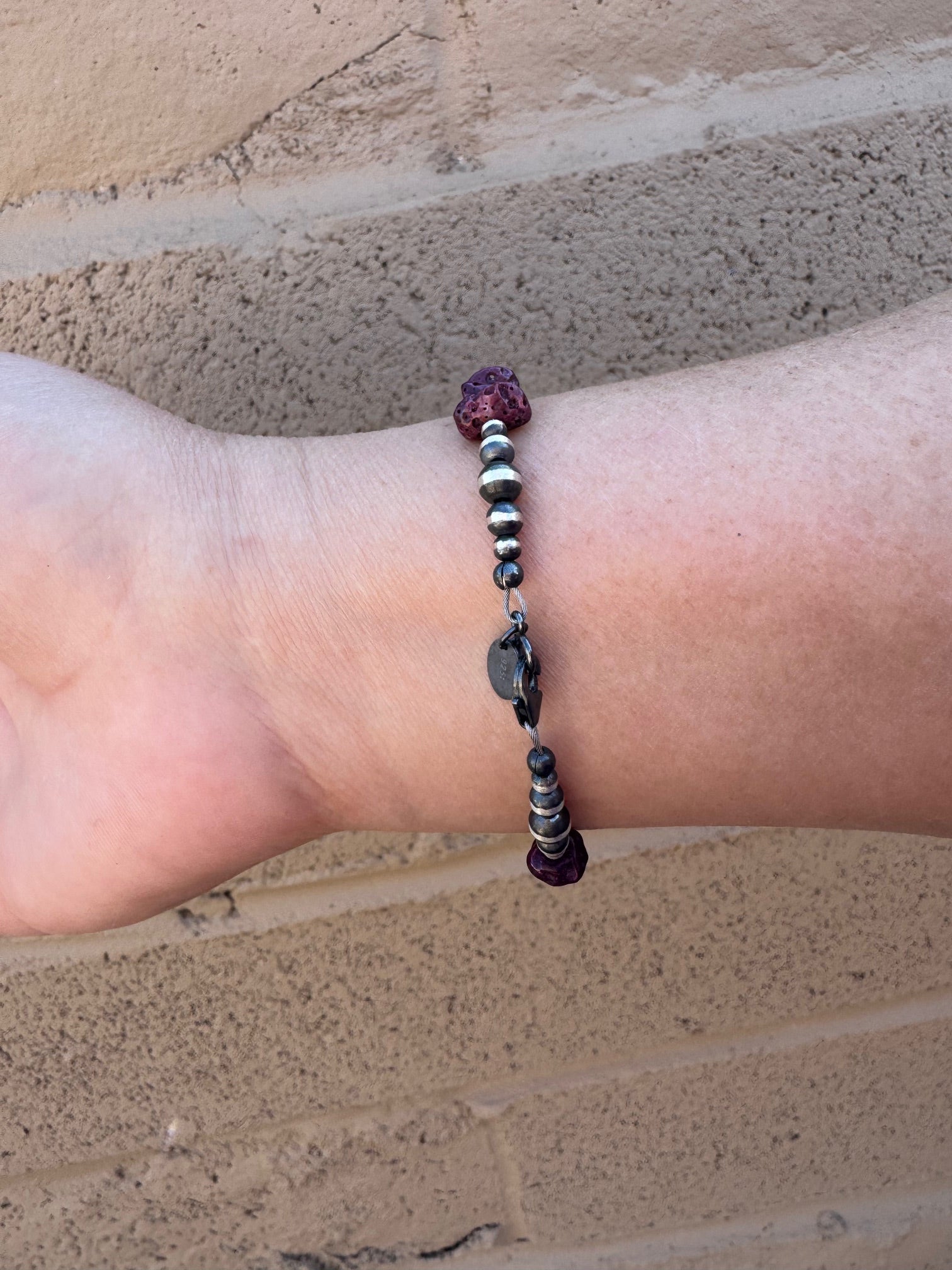 Handcrafted Purple Spiny & Sterling Silver Pearl 3-5mm Beaded Bracelet 7"