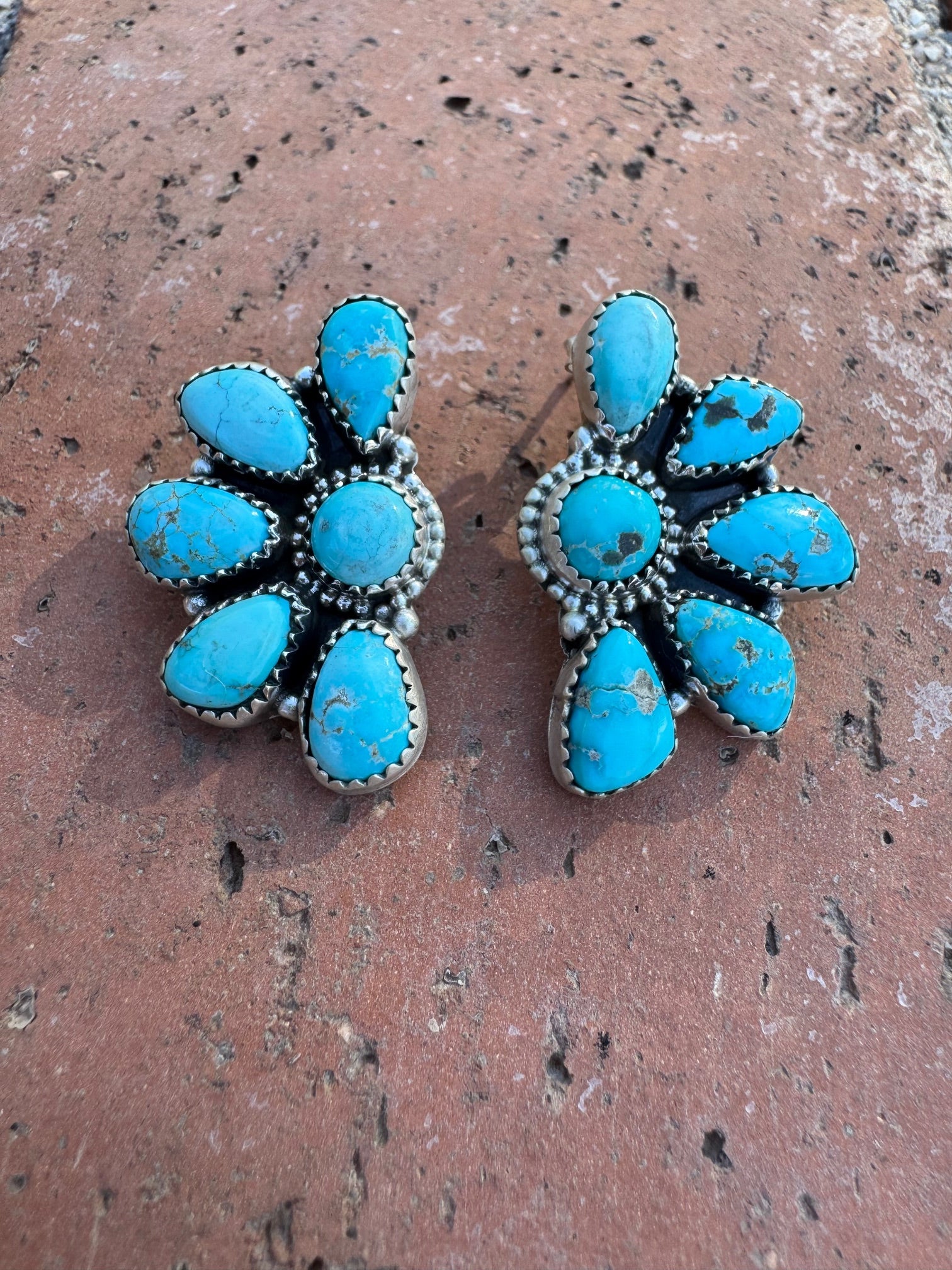 Handmade Sterling Silver Blue Bird Turquoise Crescent Post Earrings with Signed Nizhoni