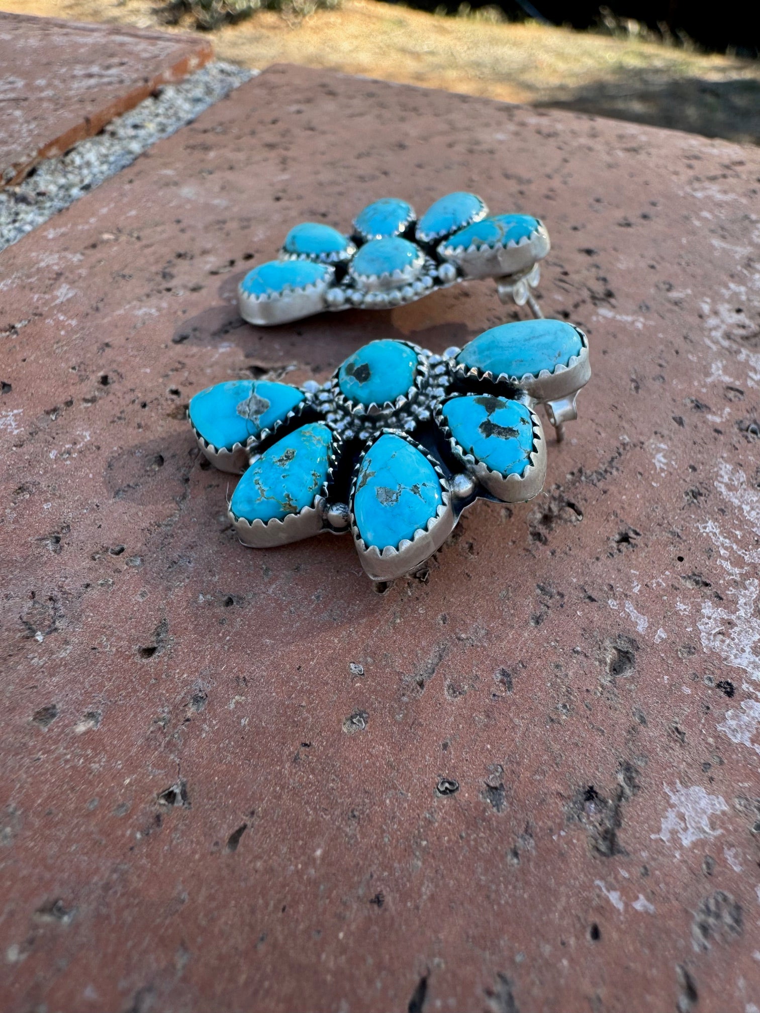 Handmade Sterling Silver Blue Bird Turquoise Crescent Post Earrings with Signed Nizhoni