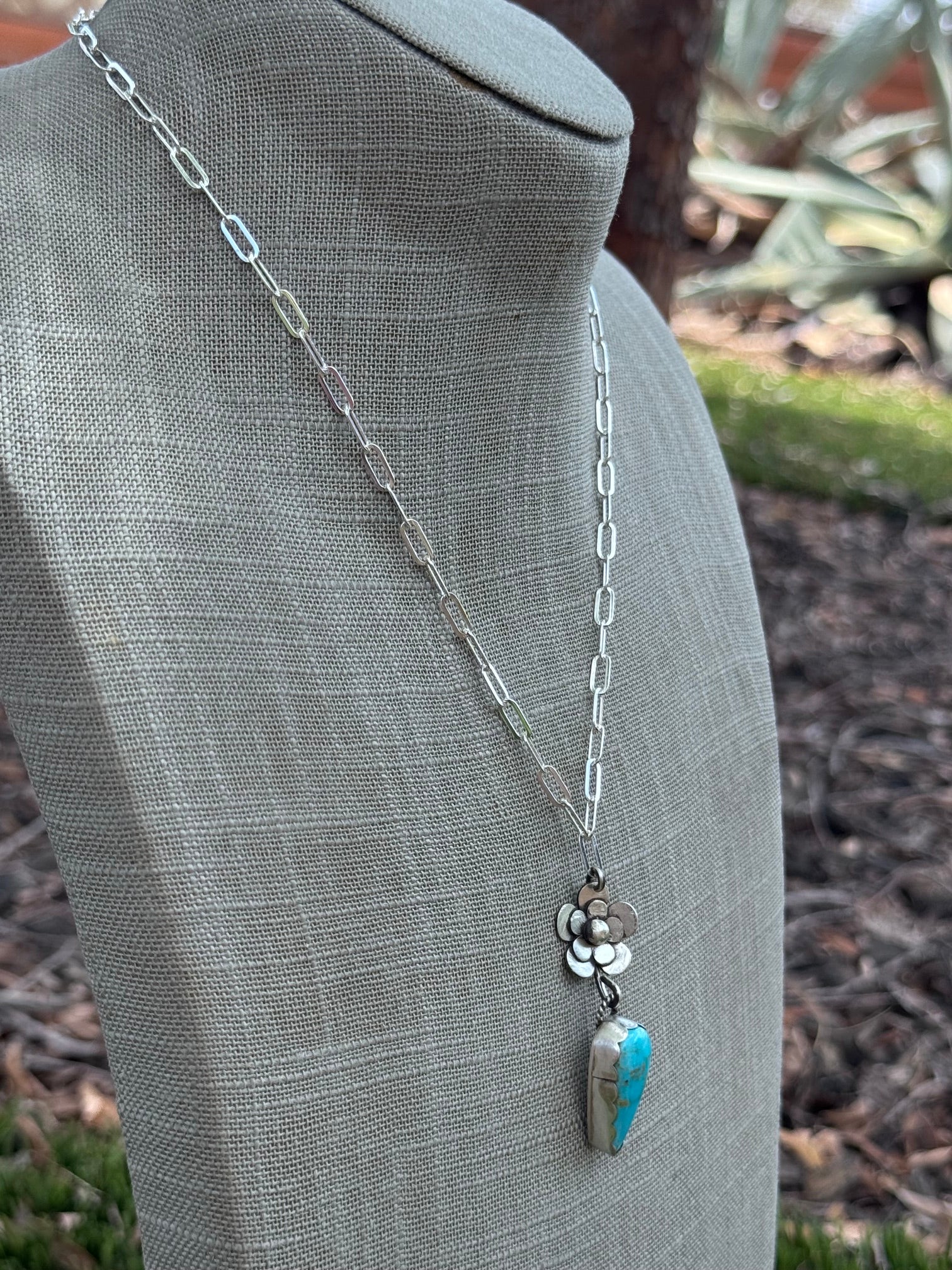 Handmade Sterling Silver & Pilot Mountain Turquoise Flower 18" Necklace by Roaming Buffalo