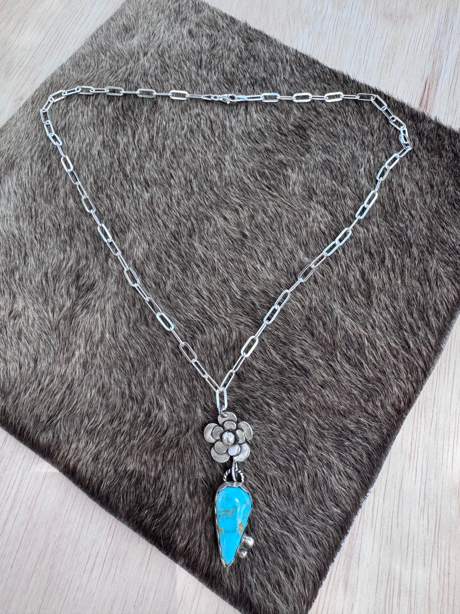 Handmade Sterling Silver & Pilot Mountain Turquoise Flower 18" Necklace by Roaming Buffalo
