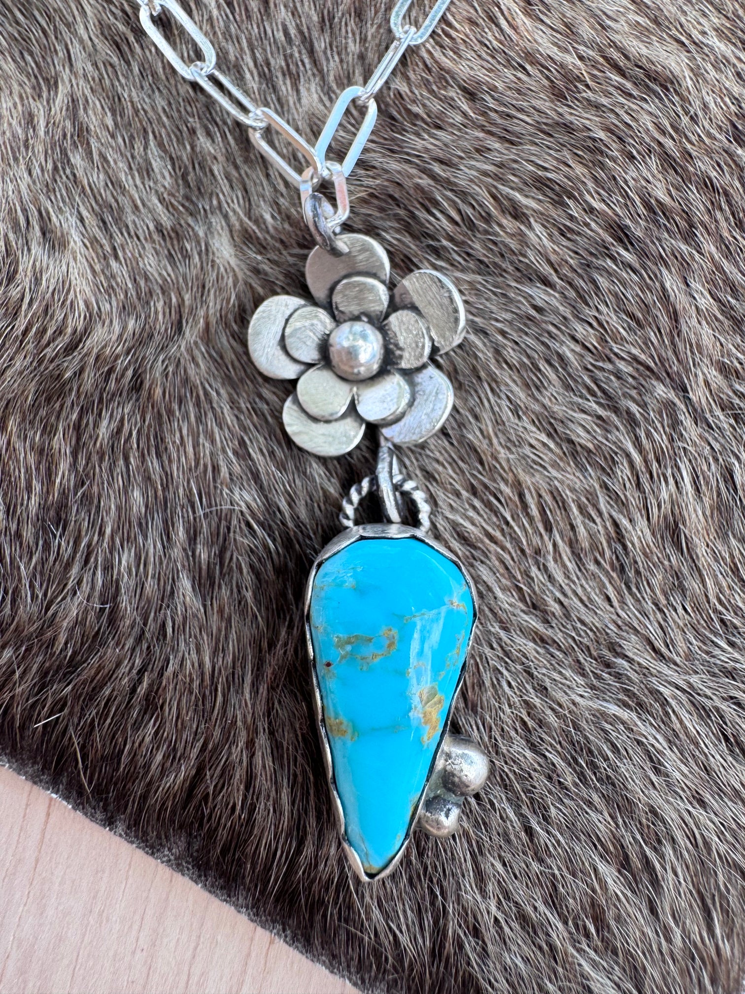 Handmade Sterling Silver & Pilot Mountain Turquoise Flower 18" Necklace by Roaming Buffalo