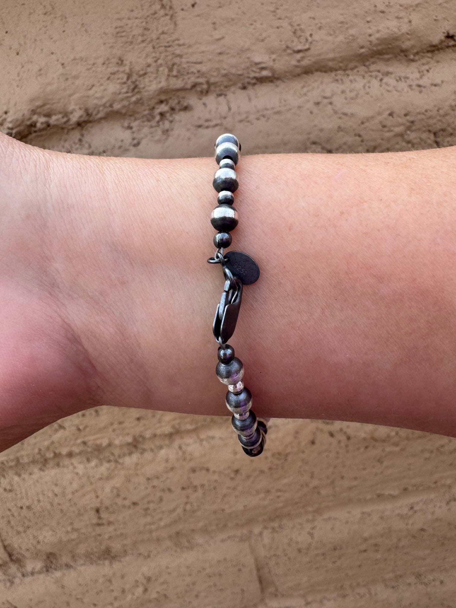 Handcrafted White Buffalo & Sterling Silver Pearl 3&5mm Beaded Bracelet 7.5"