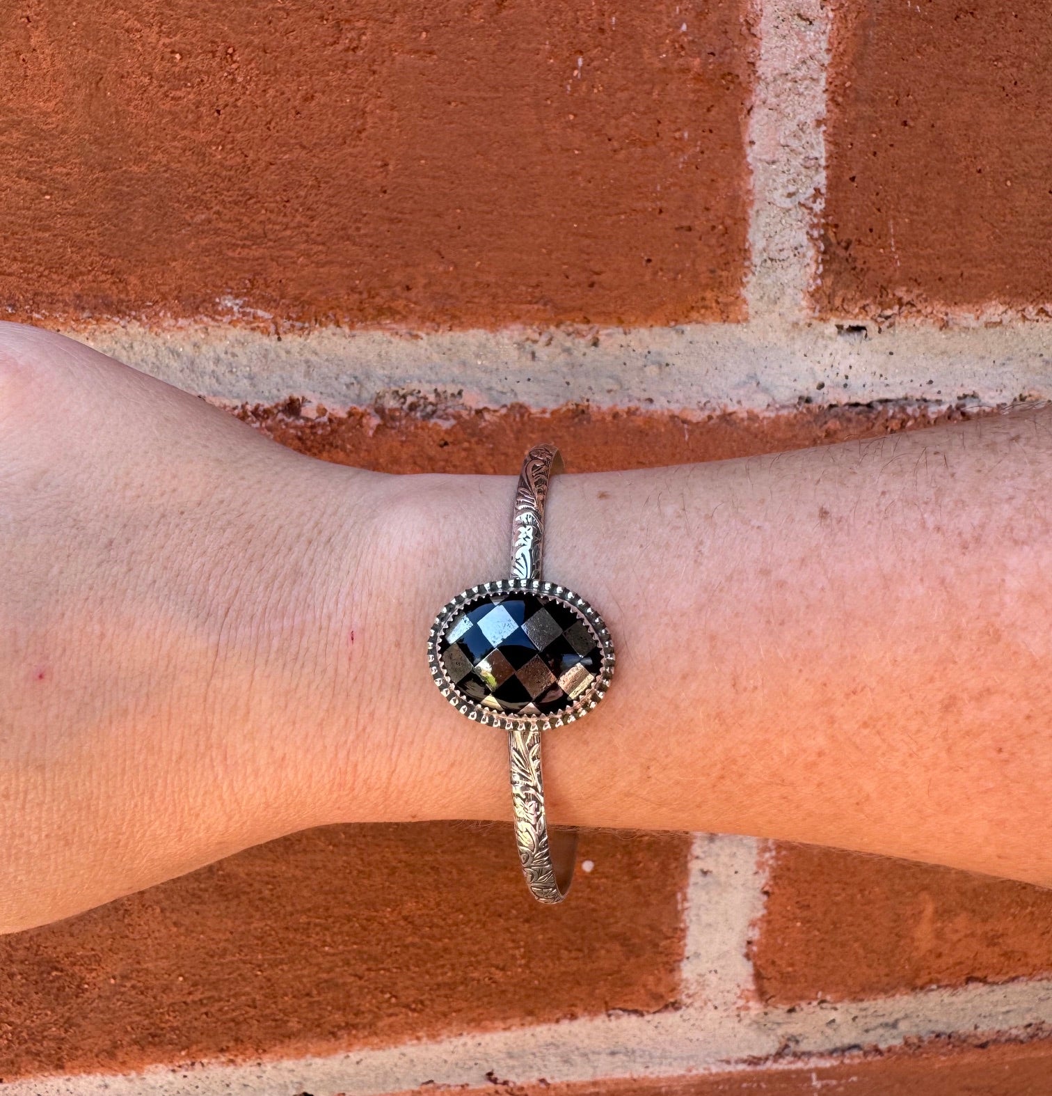 Handmade Sterling Silver & Pyrite, Black Onyx Checkered Cuff by Roaming Buffalo